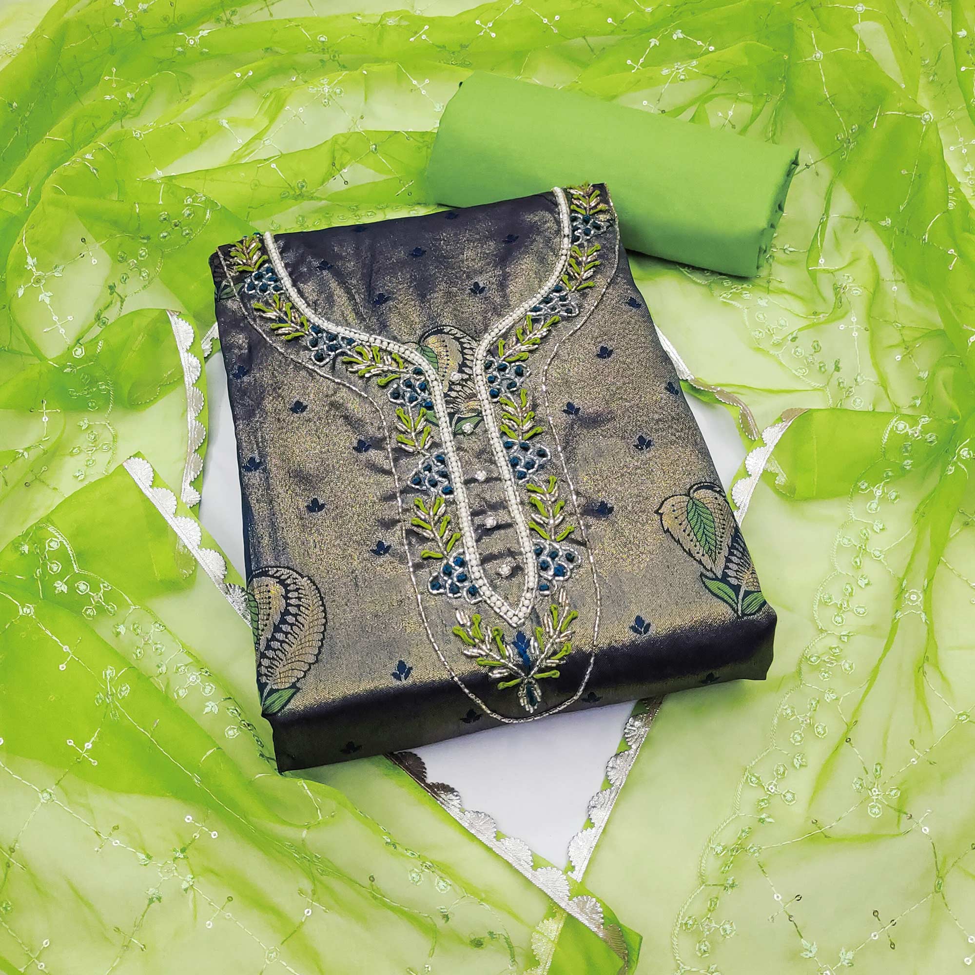 Peachmode Dark Green Woven Banarasi Silk Dress Material