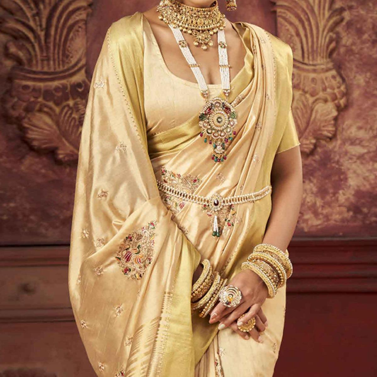 Peachmode Cream Woven-Embroidered Raw Silk Saree With Tassels - view 3