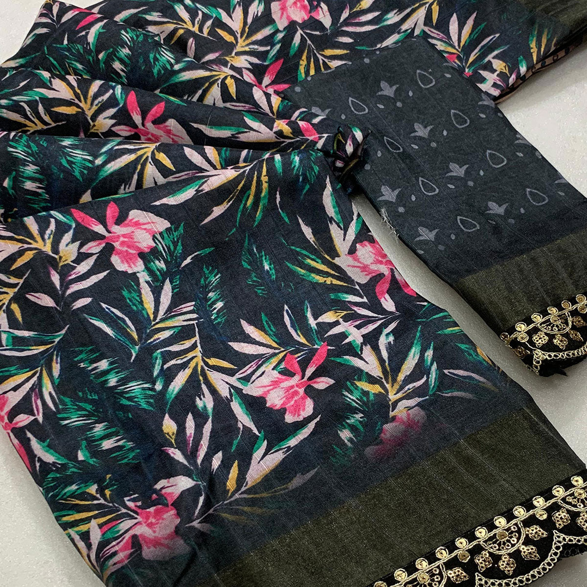 Peachmode Black Floral Digital Printed Tussar Silk Saree With Sequins Embroidered Border - view 2