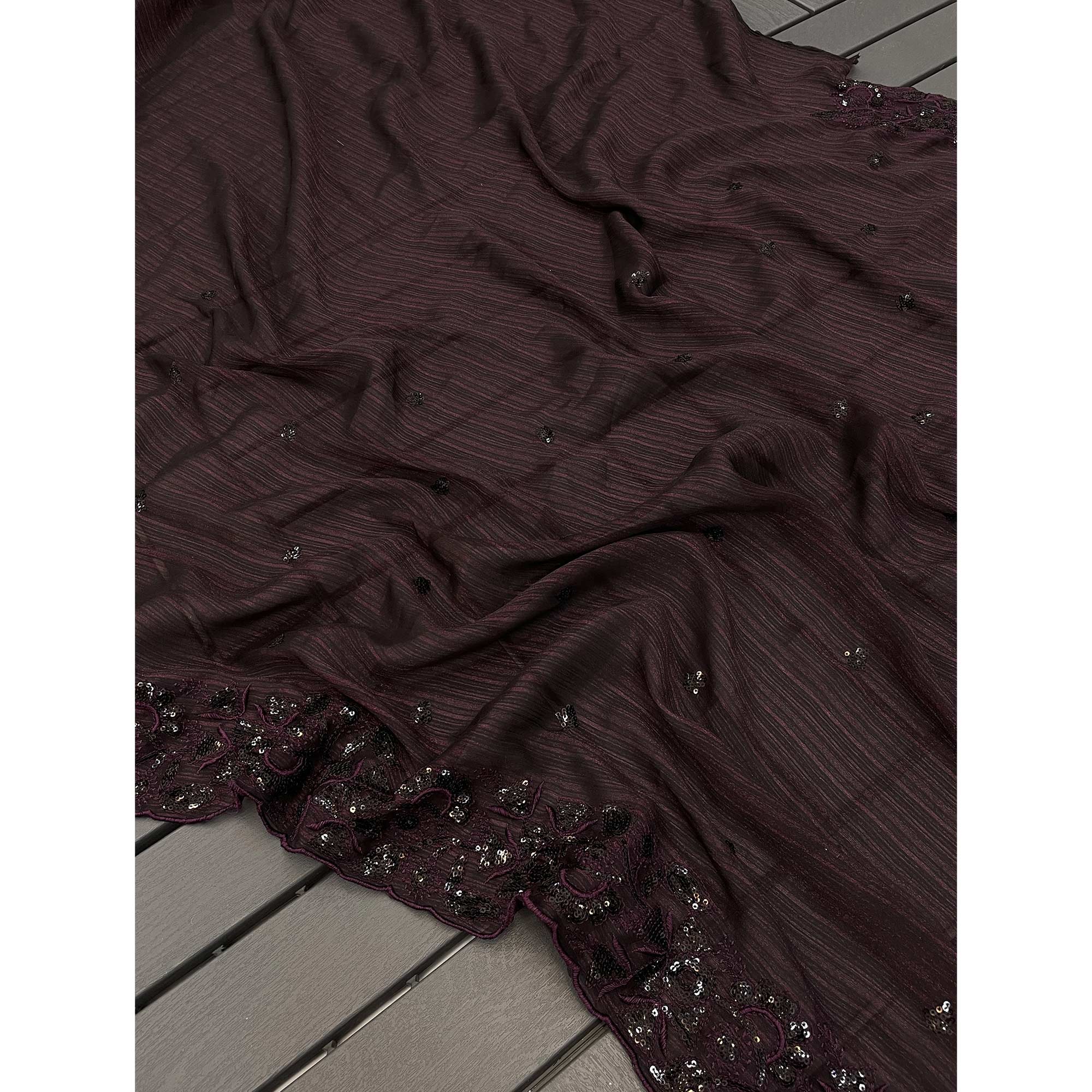 Peachmode Dark Wine Sequins Embroidered Chiffon Saree - view 3