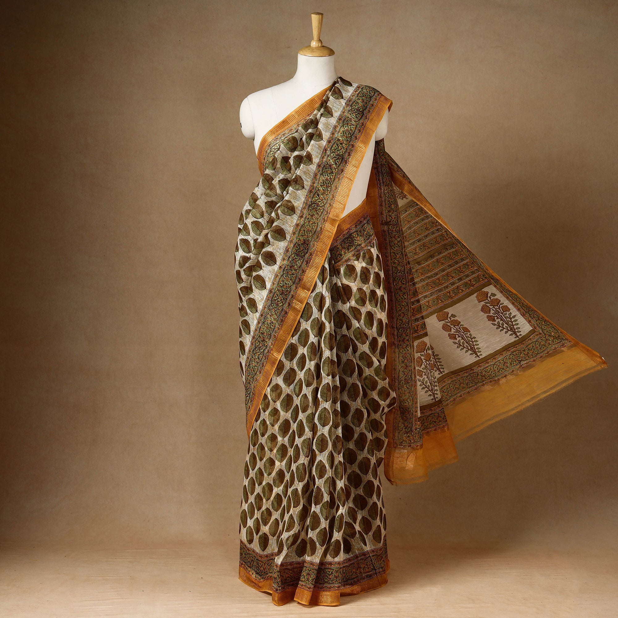 SANTOSH KUMAR DHANOPIA Brown - Block Printed Chanderi Silk Sanganeri Saree