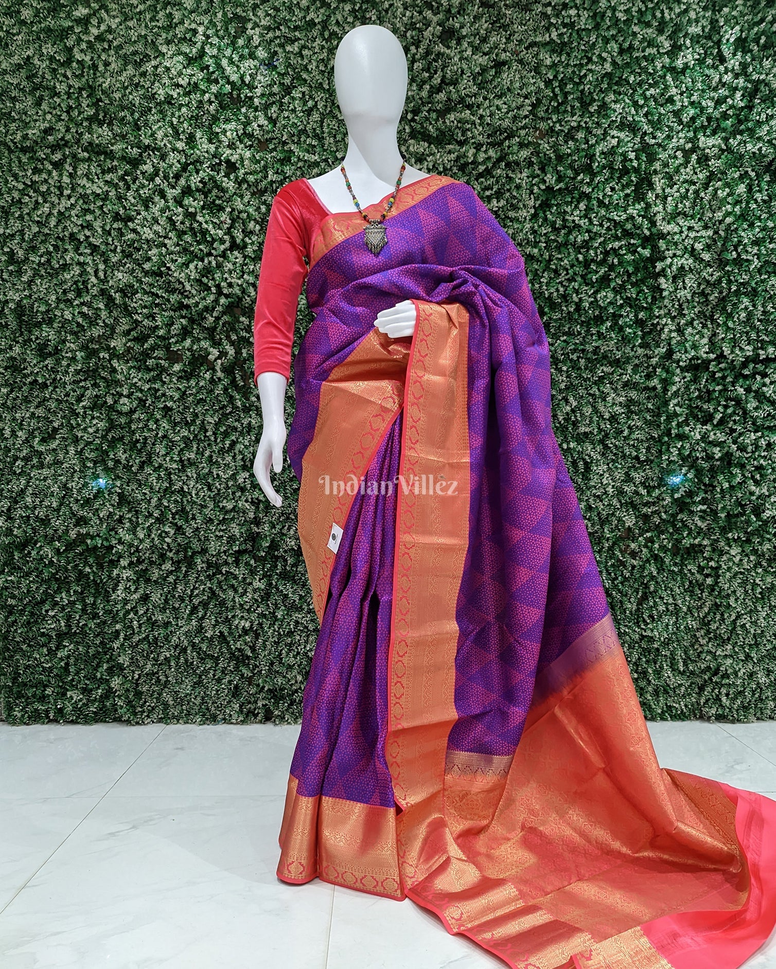 IndianVillèz Blue With Red Pure Kanjivaram Silk Saree