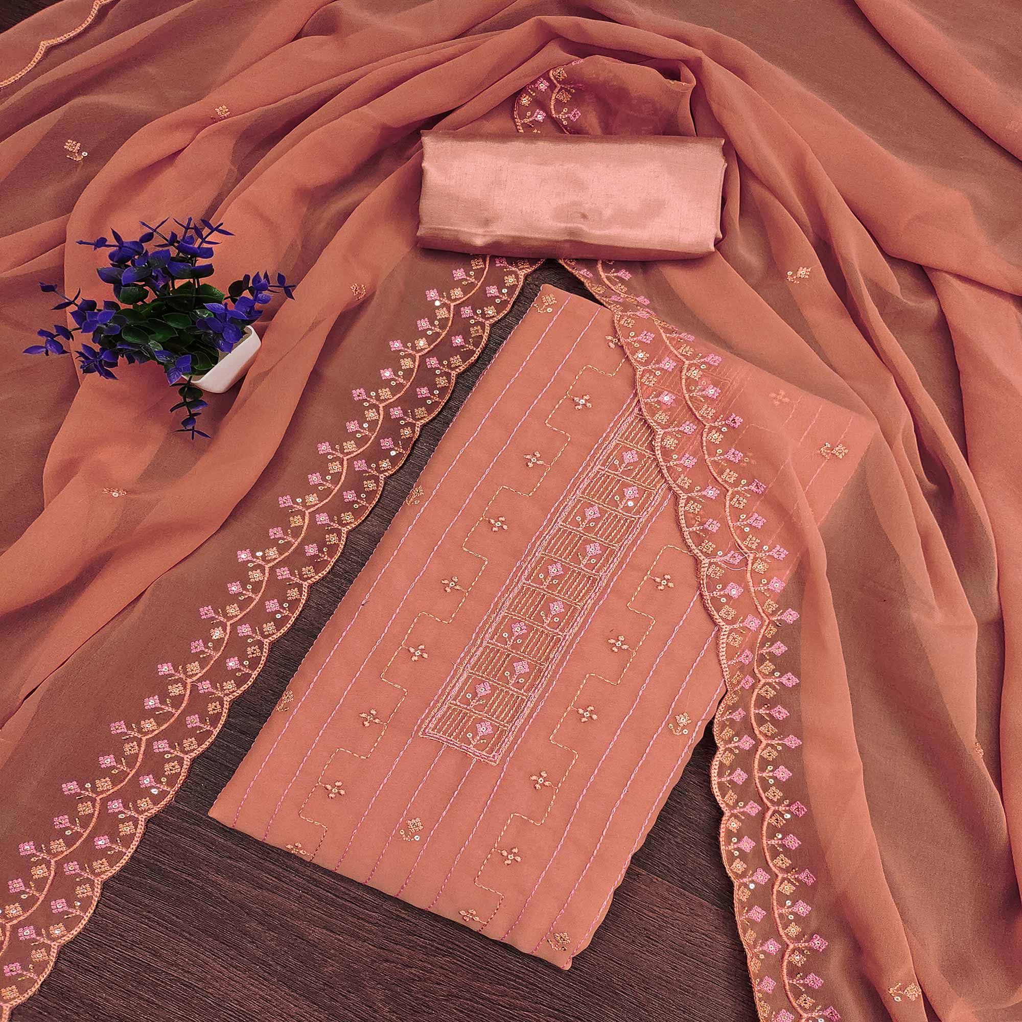 Peachmode Dusty Orange Sequins Embroidered Georgette Dress Material