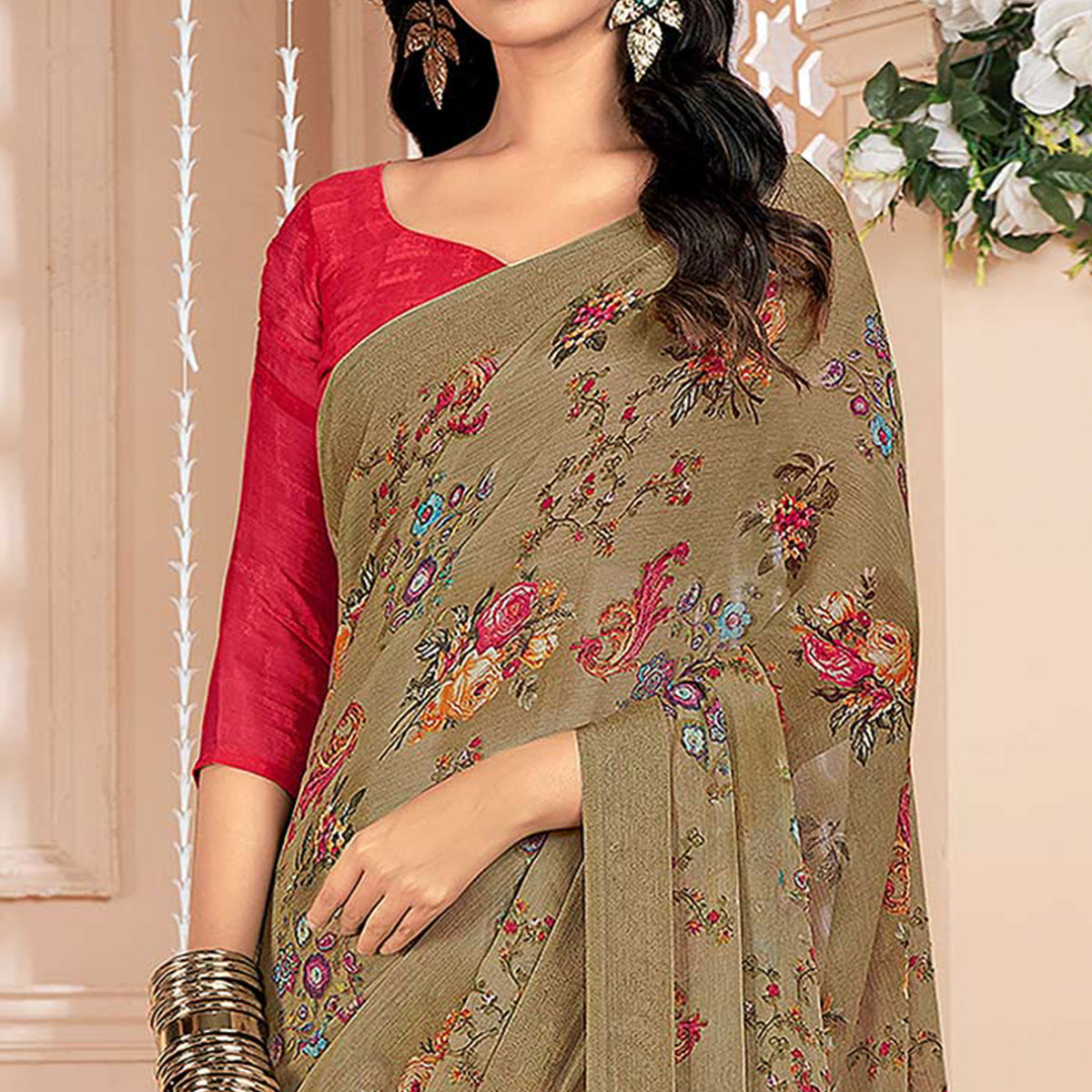 Peachmode Chikoo Floral Printed Chiffon Saree - view 2