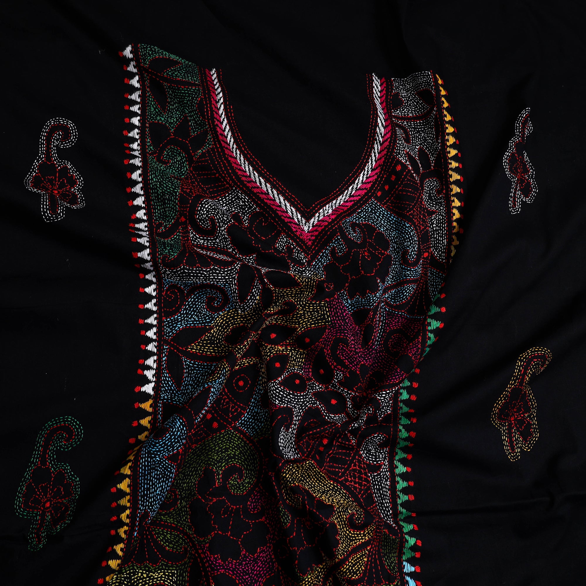KHUSHBASH - HAPPY LOOM OF EAST Black - Bengal Kantha Embroidery Cotton Kurta Material - (2.8m) 18 - view 2