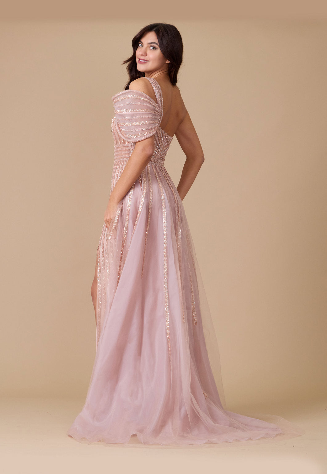 Dylan & Davids Long Couture Hand Beaded Cold Shoulder Formal Dress Rose Gold - view 2