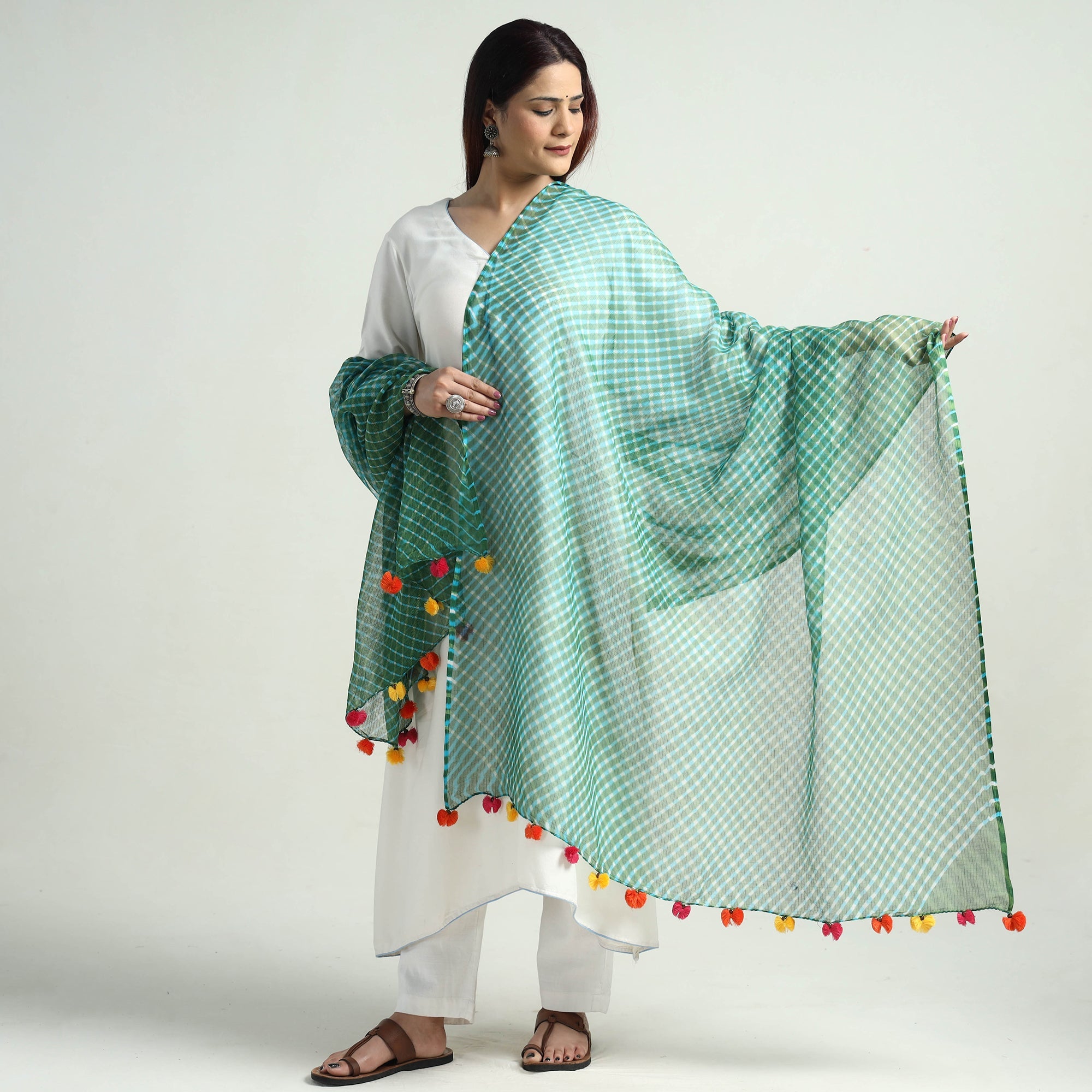 LEHARIYA BY BADSHAH MIYAN Green - Leheriya Tie-Dye Mothra Kota Doria Cotton Dupatta with Tassels 30