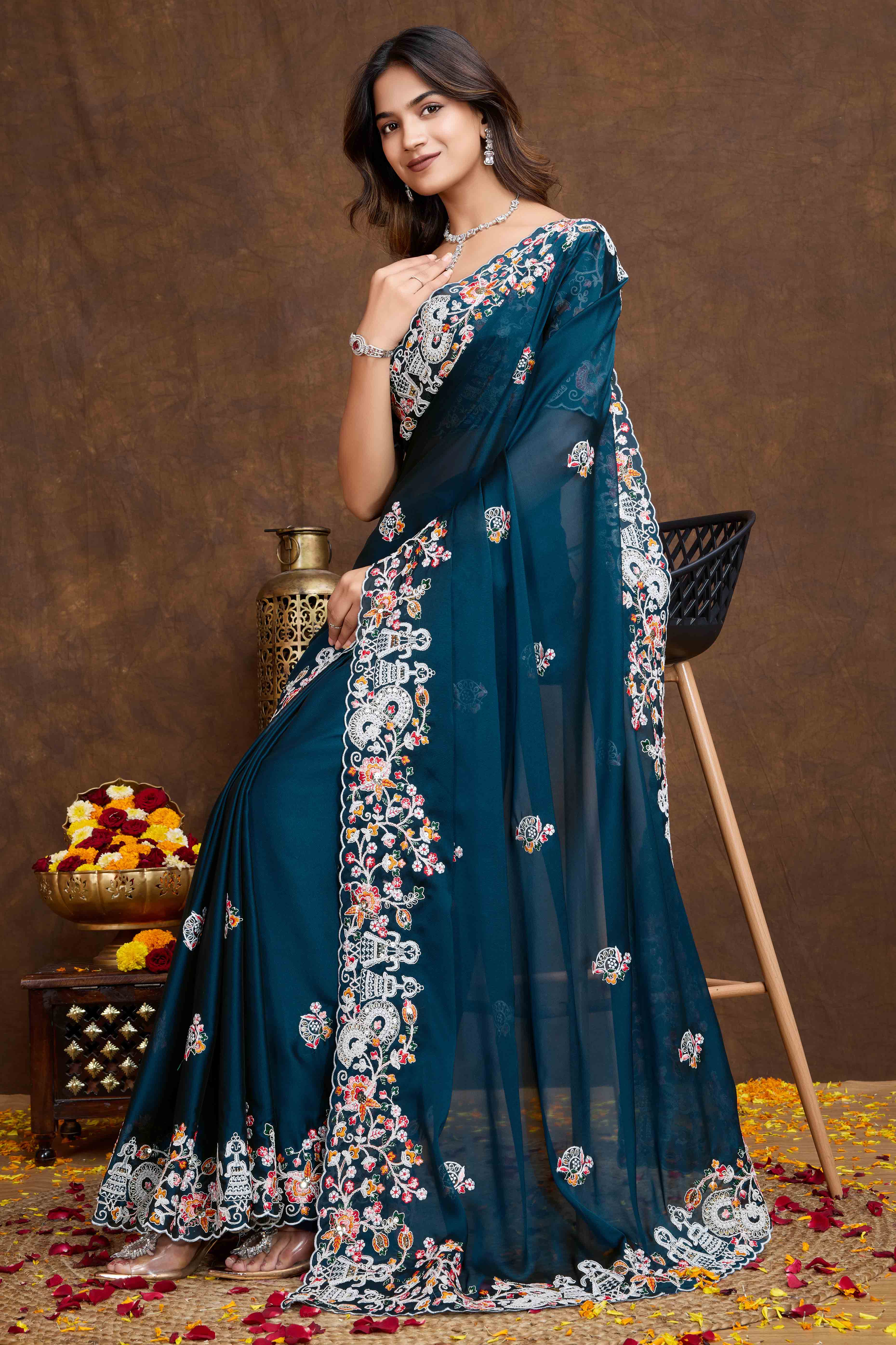 Peachmode Morpich Blue Floral Sequins Embroidered Vichitra Rangoli Silk Saree