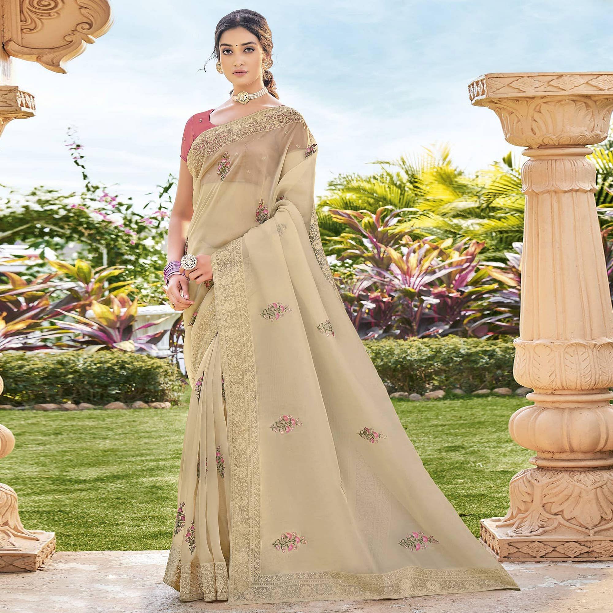 Peachmode Chiku Embroidered Georgette Saree – Women's