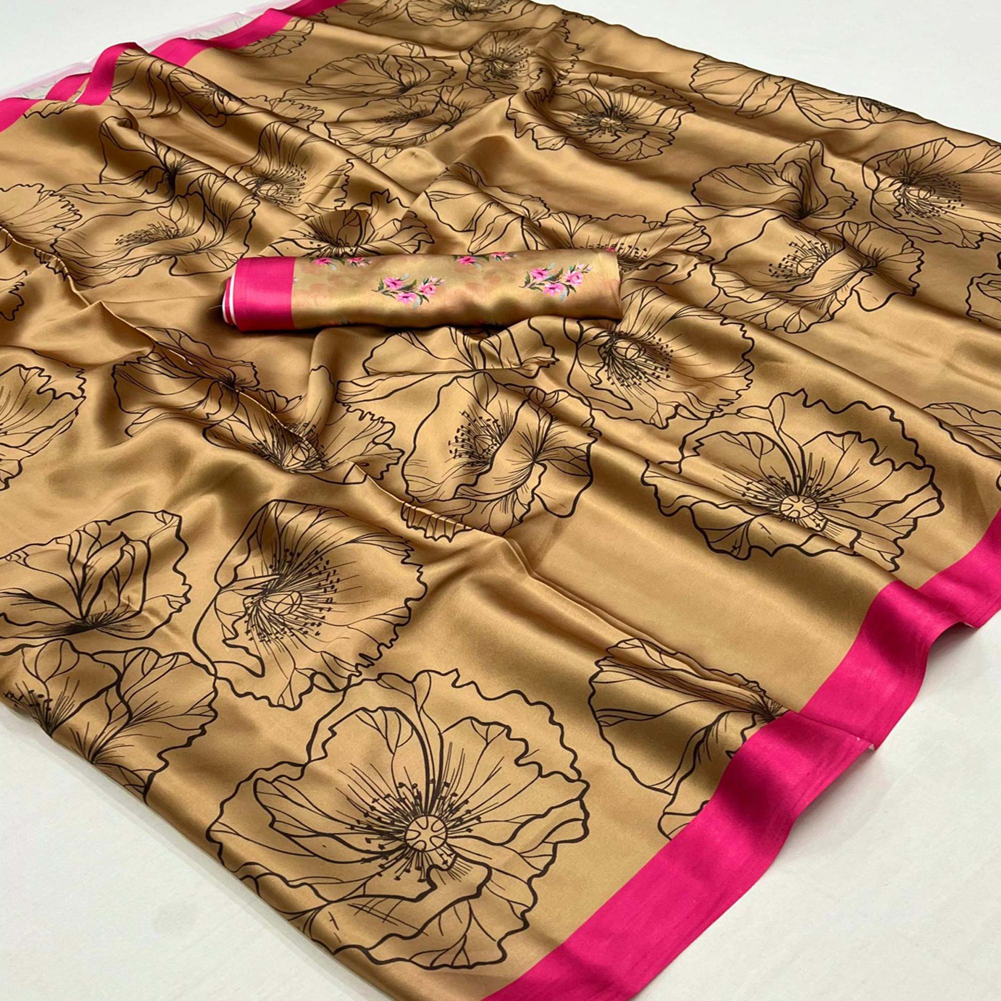 Peachmode Chikoo Digital Printed Satin Saree – Women's