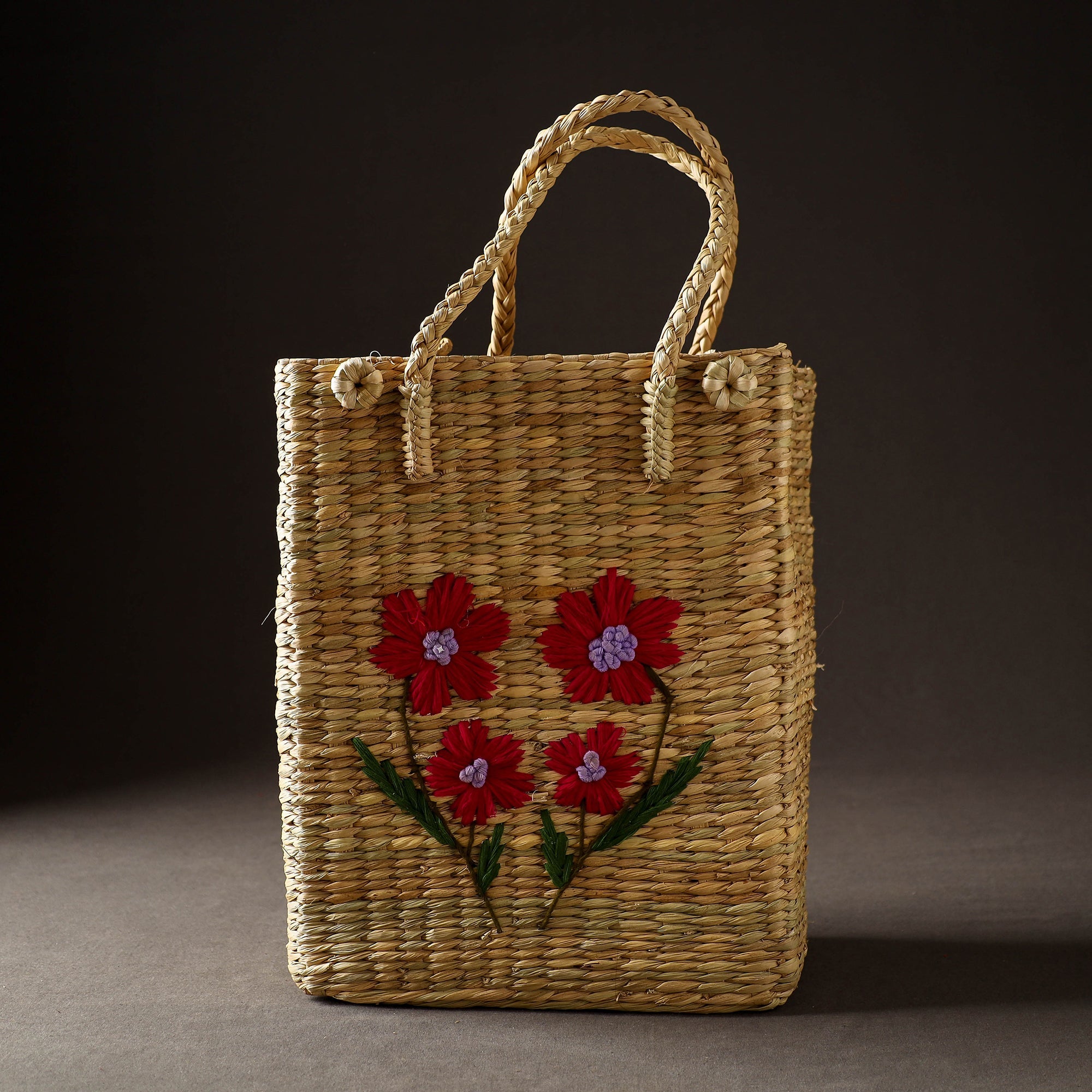 ITOKRI CRAFTS INITIATIVE Beige - Handcrafted Natural Water Reed Embroidered Shopping Bag