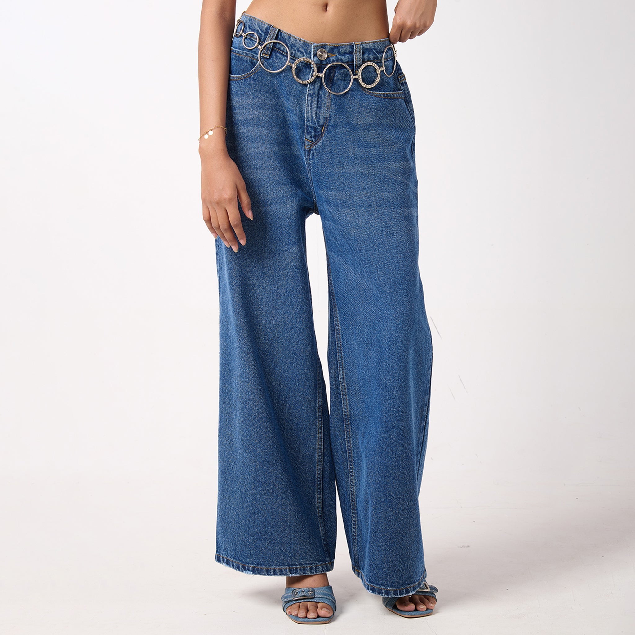 I Z F Baggy Jeans & Orange Crop Linen Shirt Set for Women - view 2