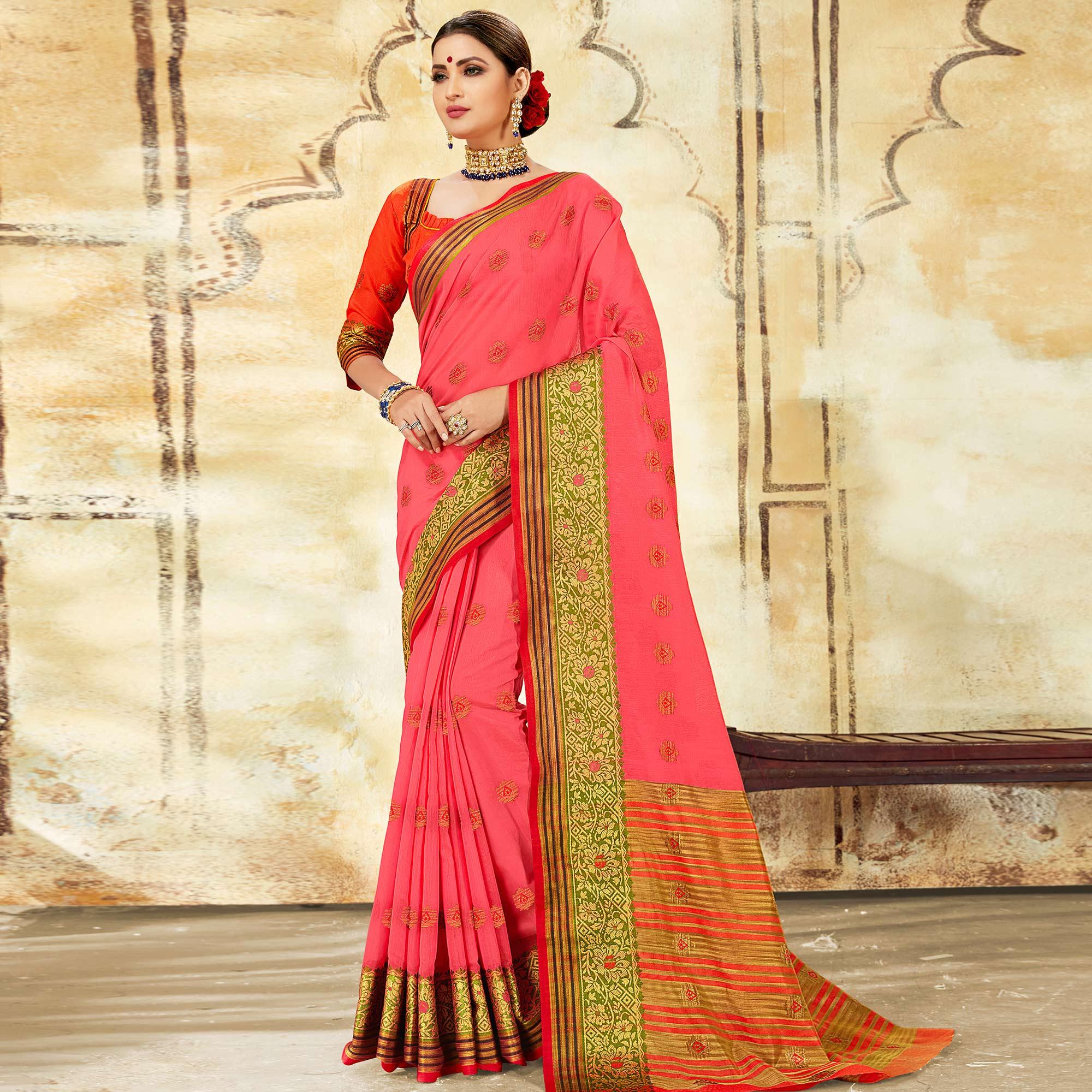 Peachmode Elegant Pink Colored Festive Wear Woven Cotton Saree