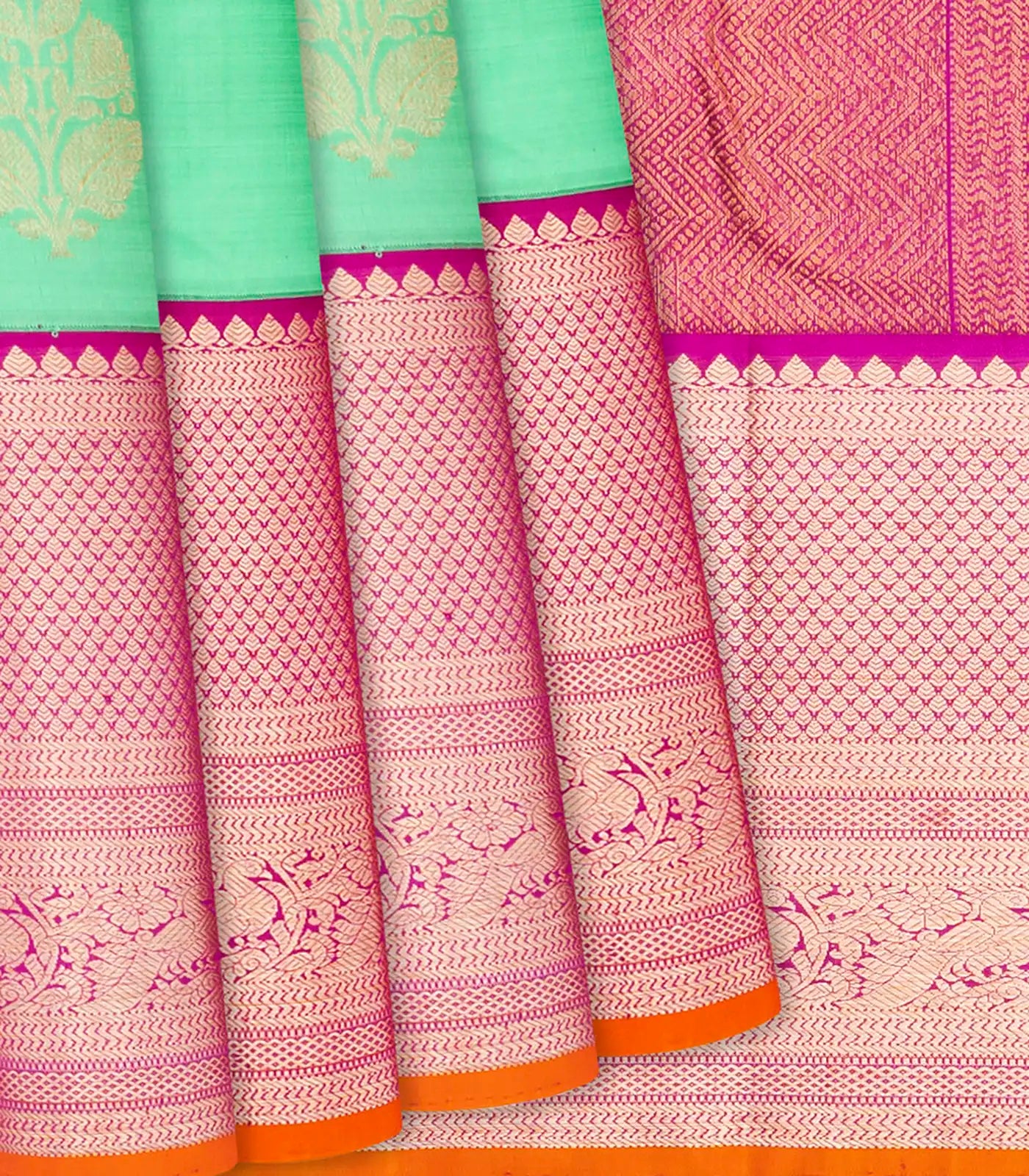 RmKV Aquamarine Handloom Kanchipuram Korvai Silk Saree With Pink Border-Aquamarine