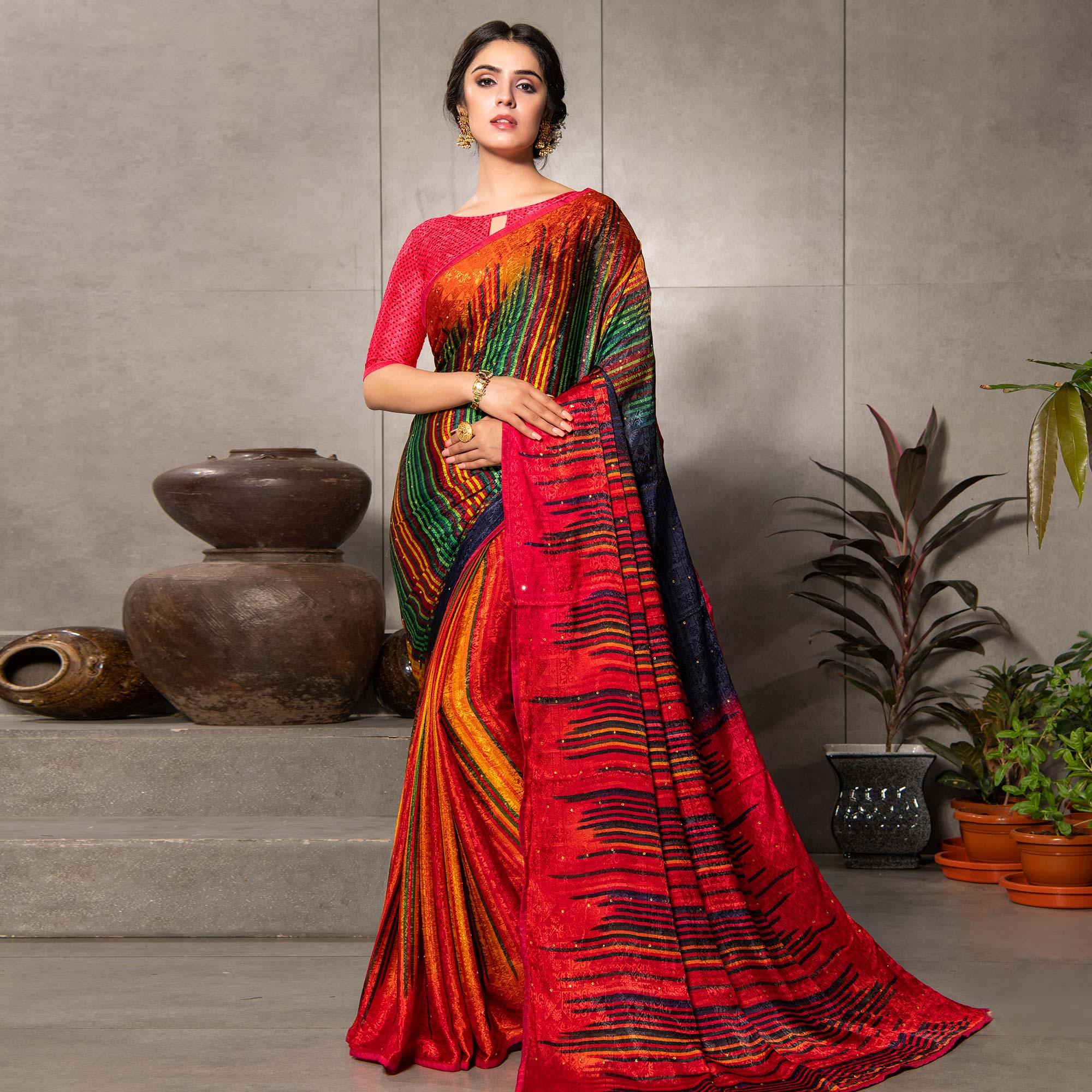 Peachmode Gleaming Multi Colored Partywear Printed Silk Crape Saree