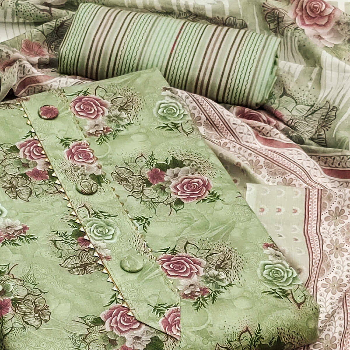 BlackTree green-floral-printed-cotton-blend-dress-material-4 - view 2