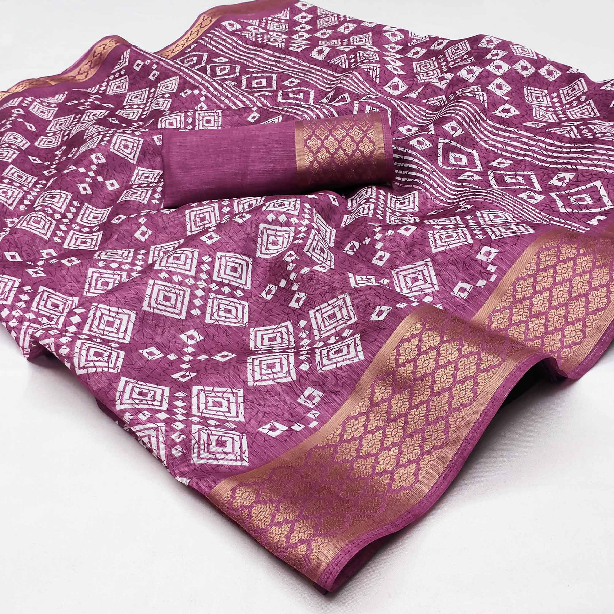 Peachmode Mauve Printed Cotton Silk Saree – Women's