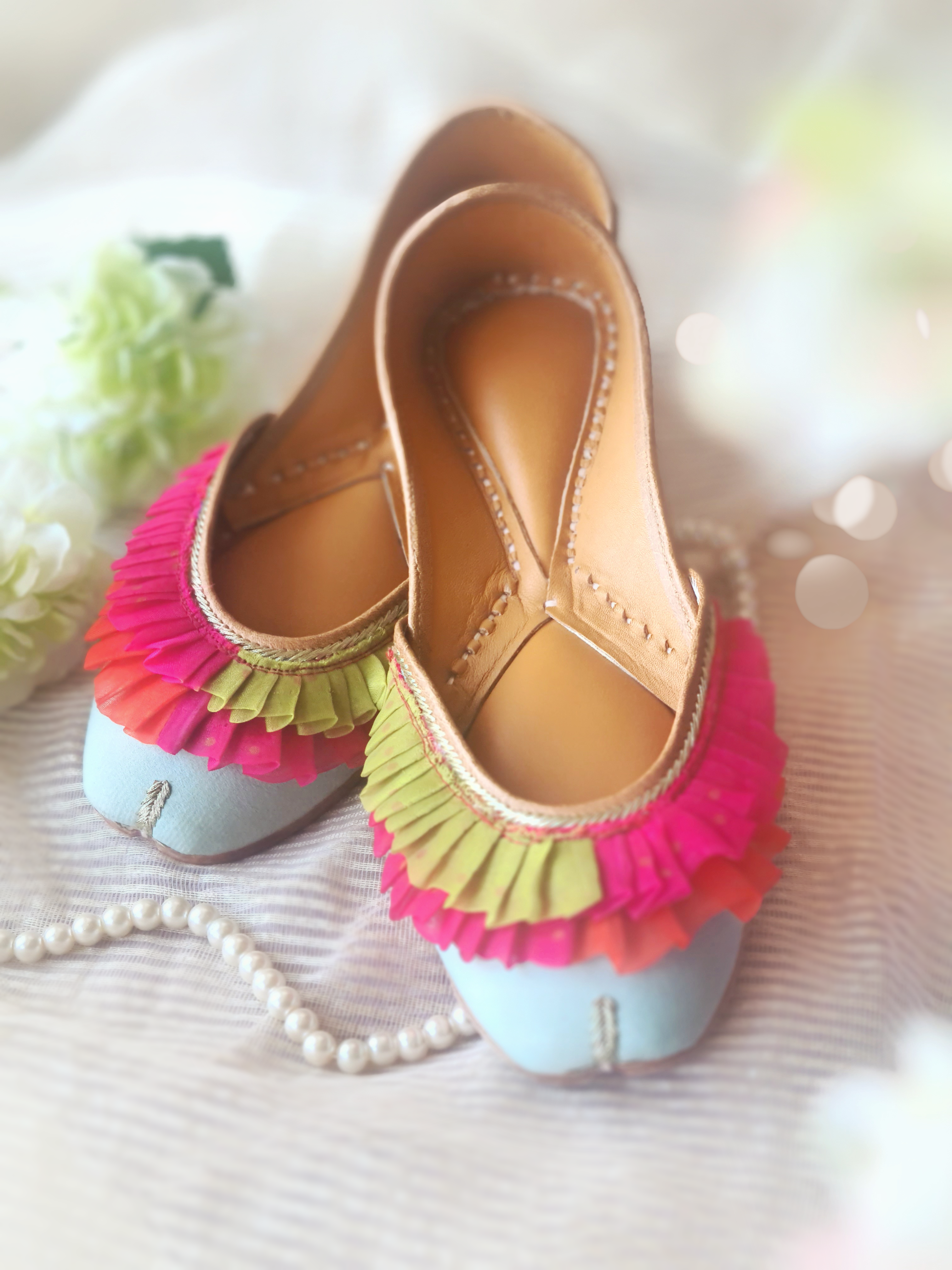 BlackTree Mint Green Ruffled Jutti with Gota Lace - view 3