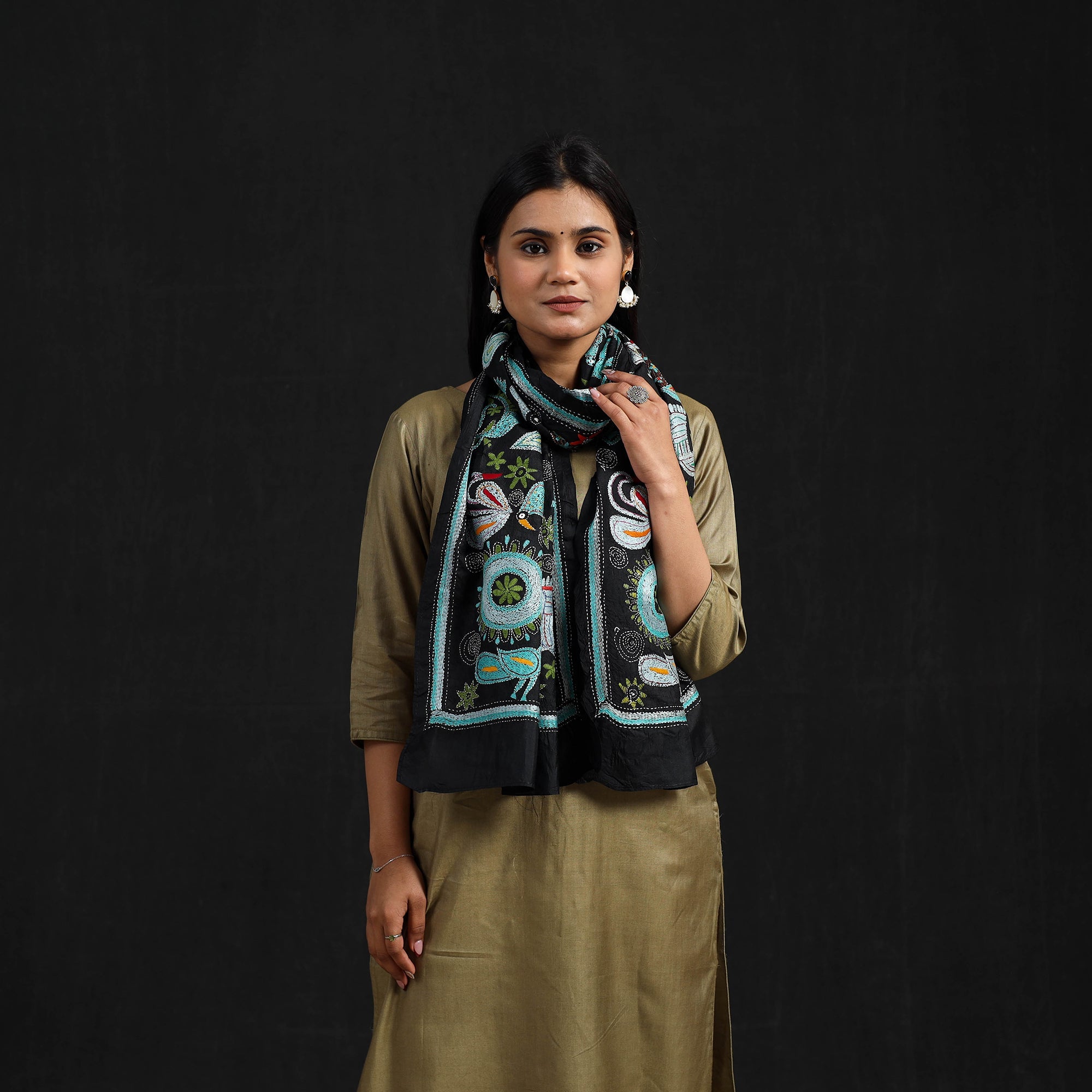 KHUSHBASH - HAPPY LOOM OF EAST Black - Handloom Silk Bengal Kantha Work Stole 10 - view 2