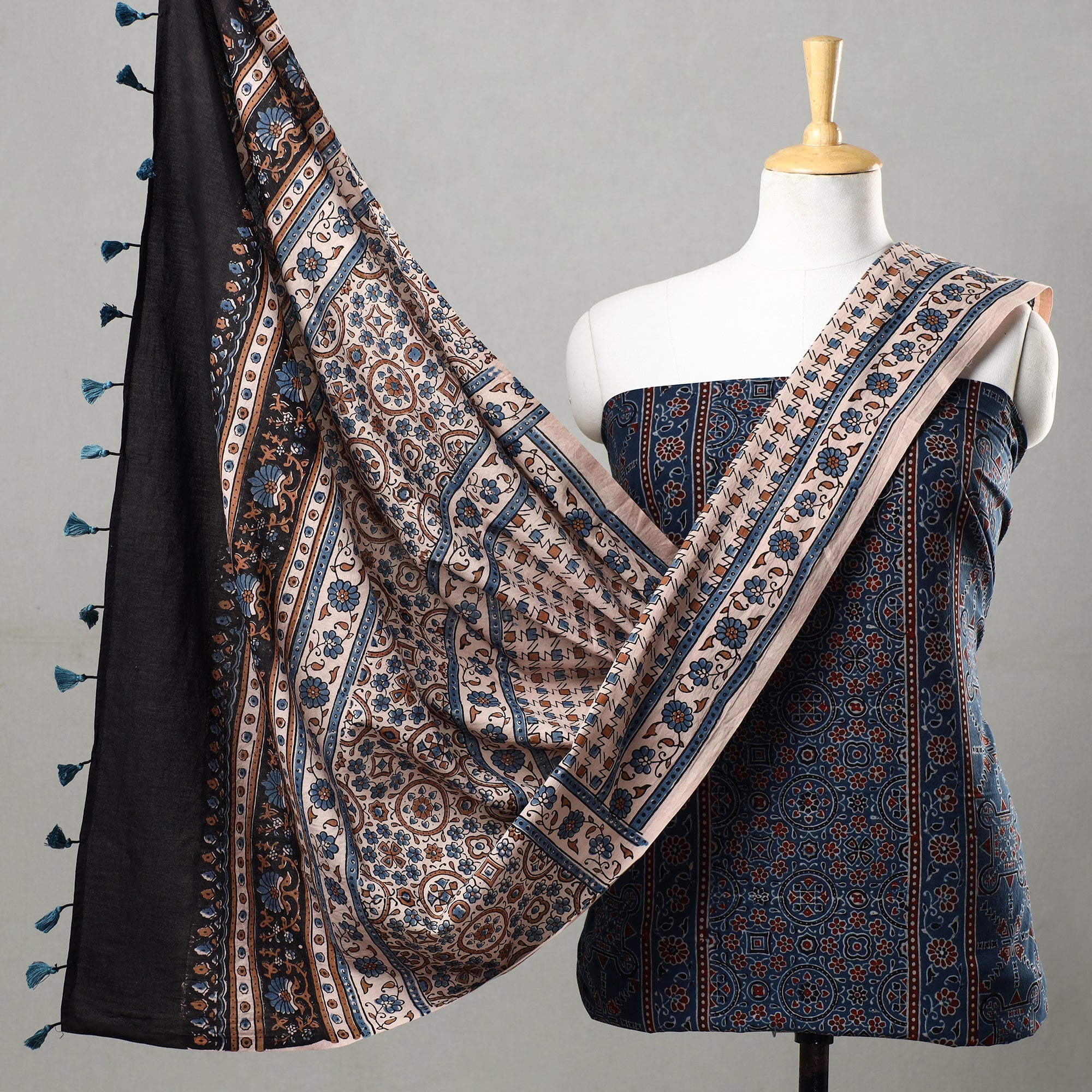 AJRAKH BY JABBAR KHATRI Blue - 3pc Ajrakh Block Printed Natural Dyed Cotton Suit Material Set 18