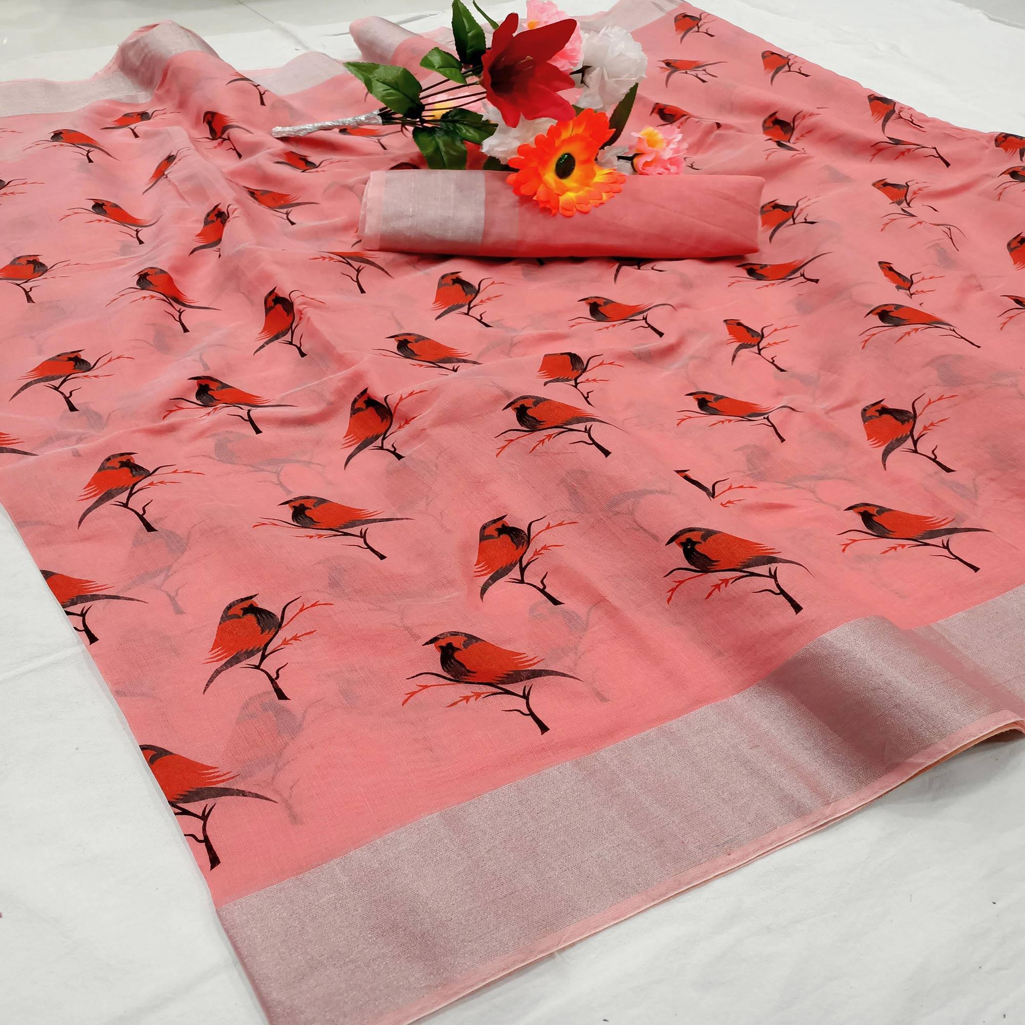 Peachmode Charming Peach Colored Casual Wear Sparrow Block Printed Cotton Linen Saree
