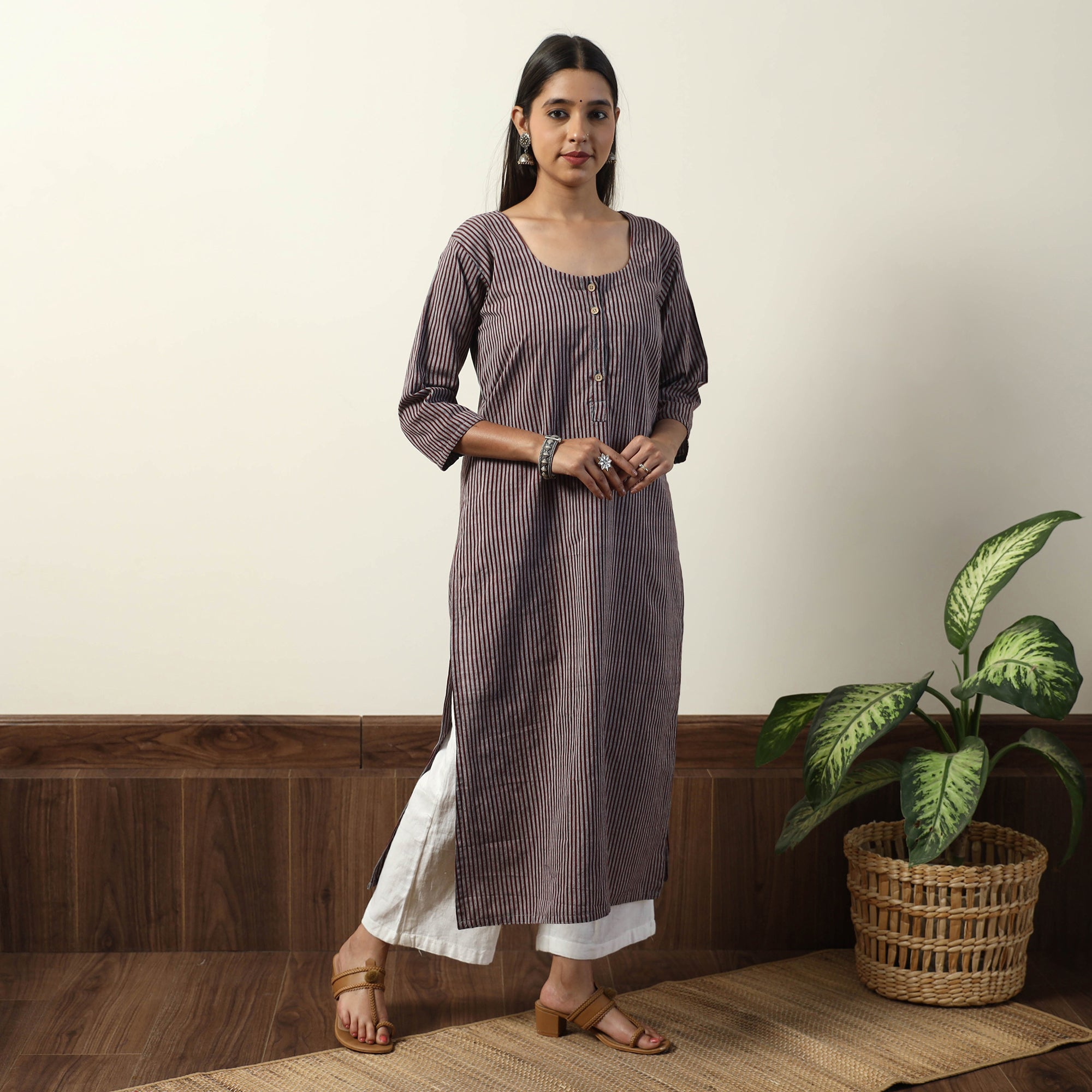 ITOKRI CASUALS Brown - Jhiri Handloom Cotton Straight Long Kurta - view 2