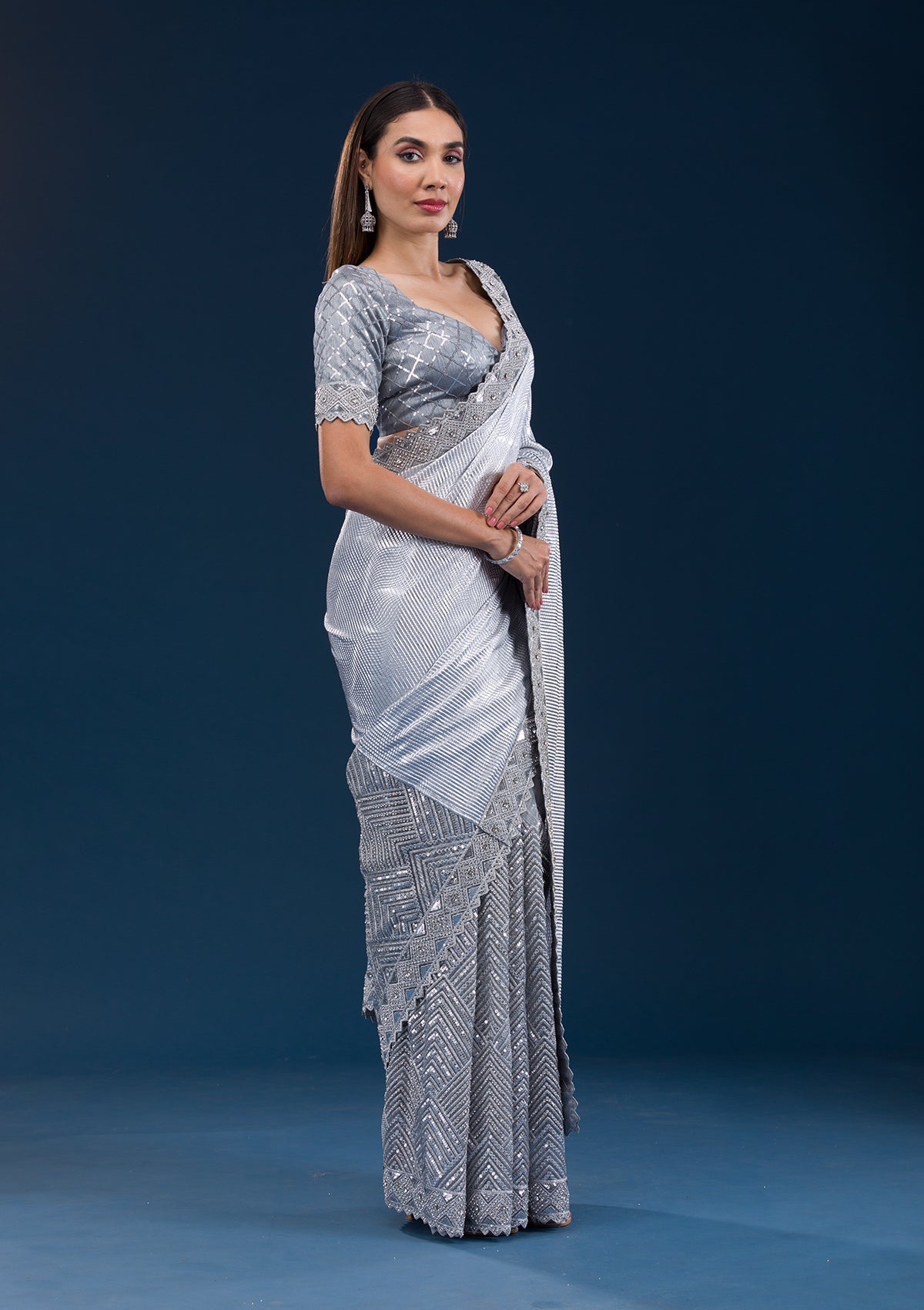 Koskii Grey Stonework Semi Crepe Saree – Women's - view 4