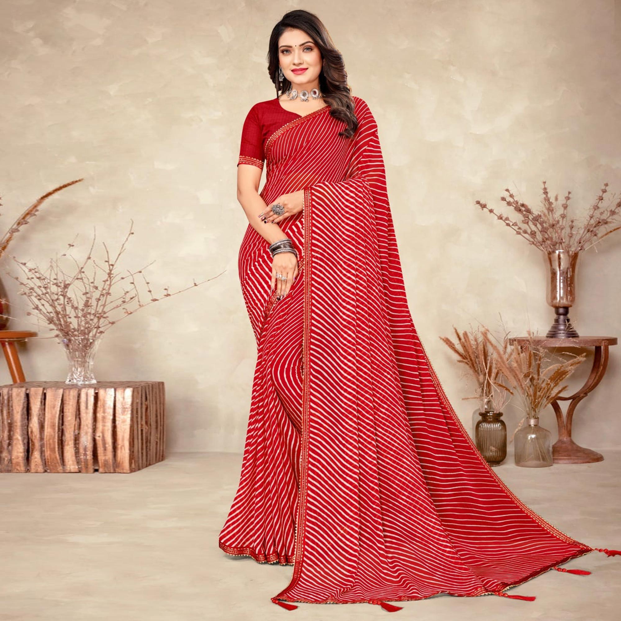 Peachmode Dark Red Striped Printed Chiffon Saree