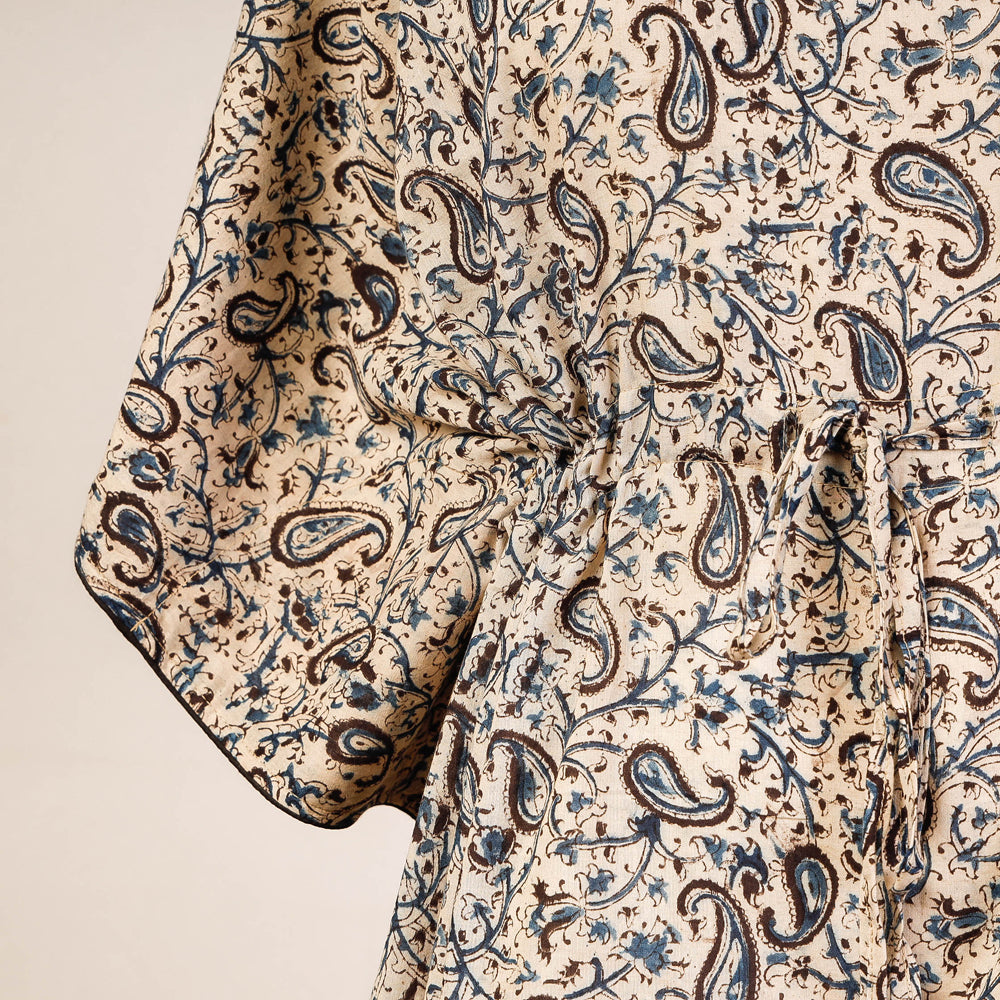 CHUTNEY CRAFT STUDIO Beige - Block Print Cotton Kalamkari Kaftan with Tie-Up Waist (Medium) - view 2