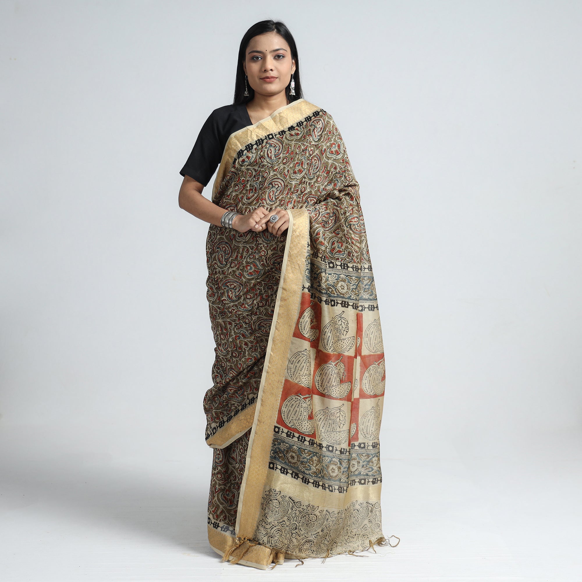 VENKATA BHANU KALAMKARI PEDANA Brown - Original Pedana Kalamkari Block Print Silk Saree