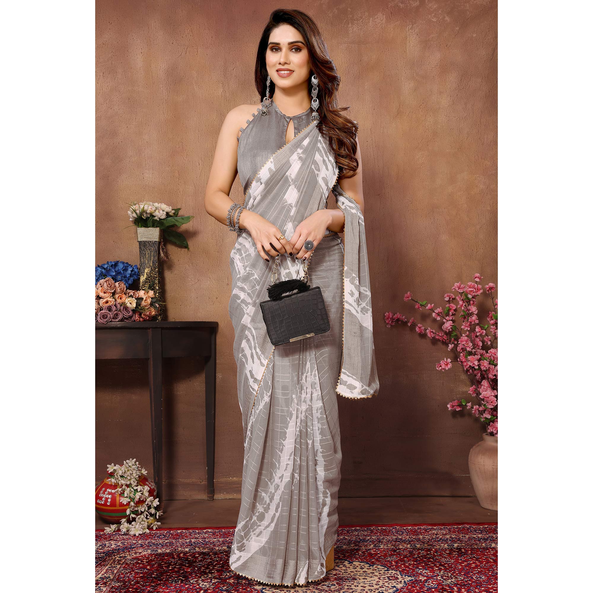 Peachmode Seller Light Grey Woven With Printed Ready To Wear Georgette Saree - view 4