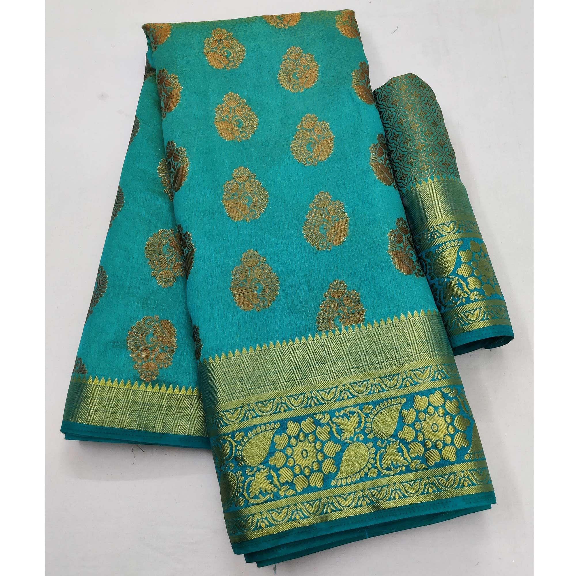 Peachmode Firozi Festive Wear Woven Soft Silk Saree - view 3