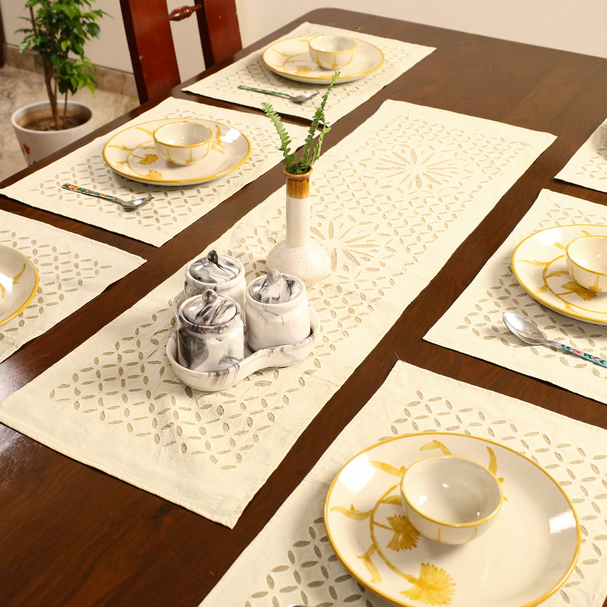 SHADES OF MARUDHARA Beige - Applique Cut Work Table Runner with Table Mat Set 42 - view 2