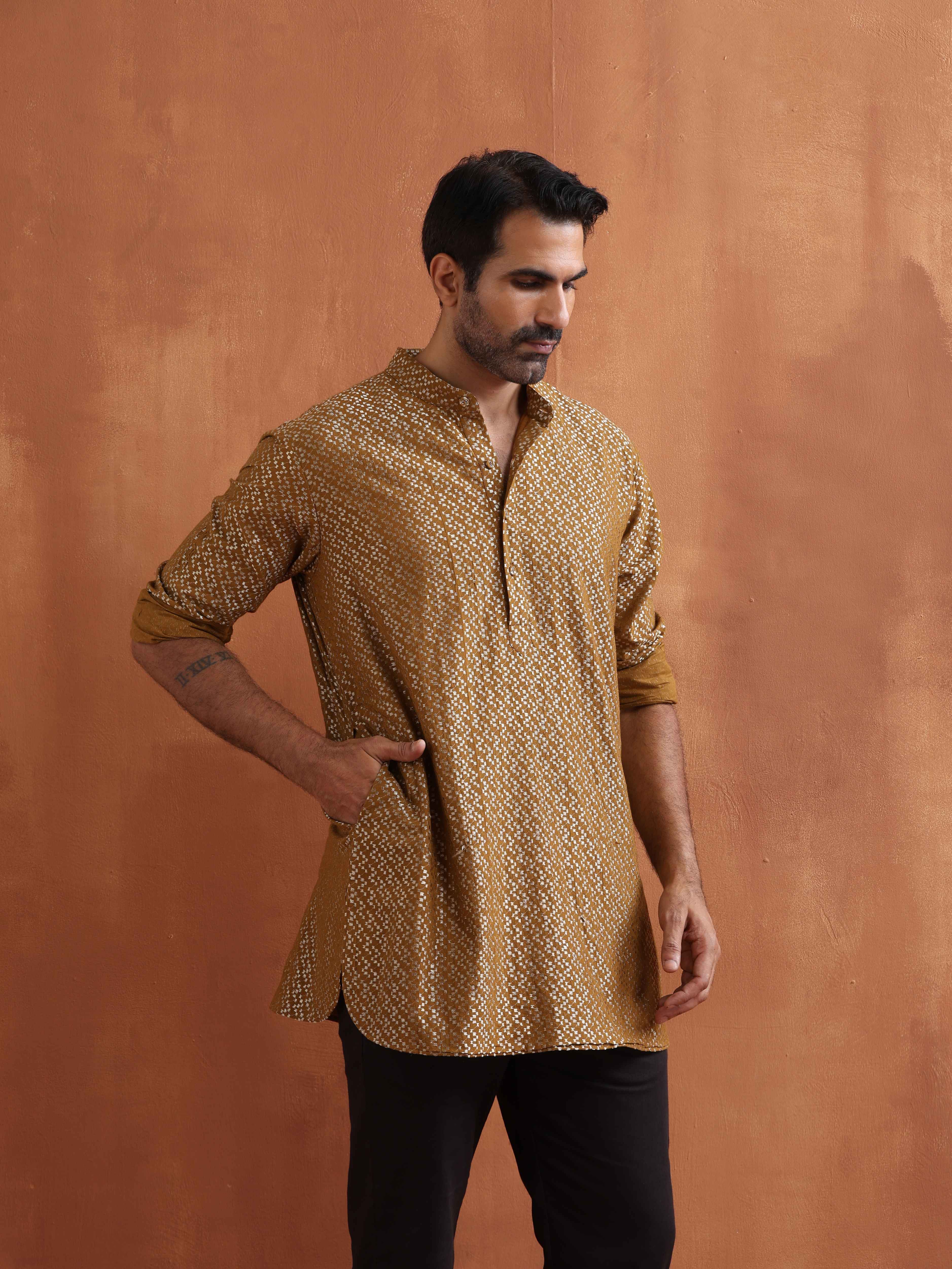 trueBrowns Men's Mustard Cotton Dobby Short Kurta - view 3