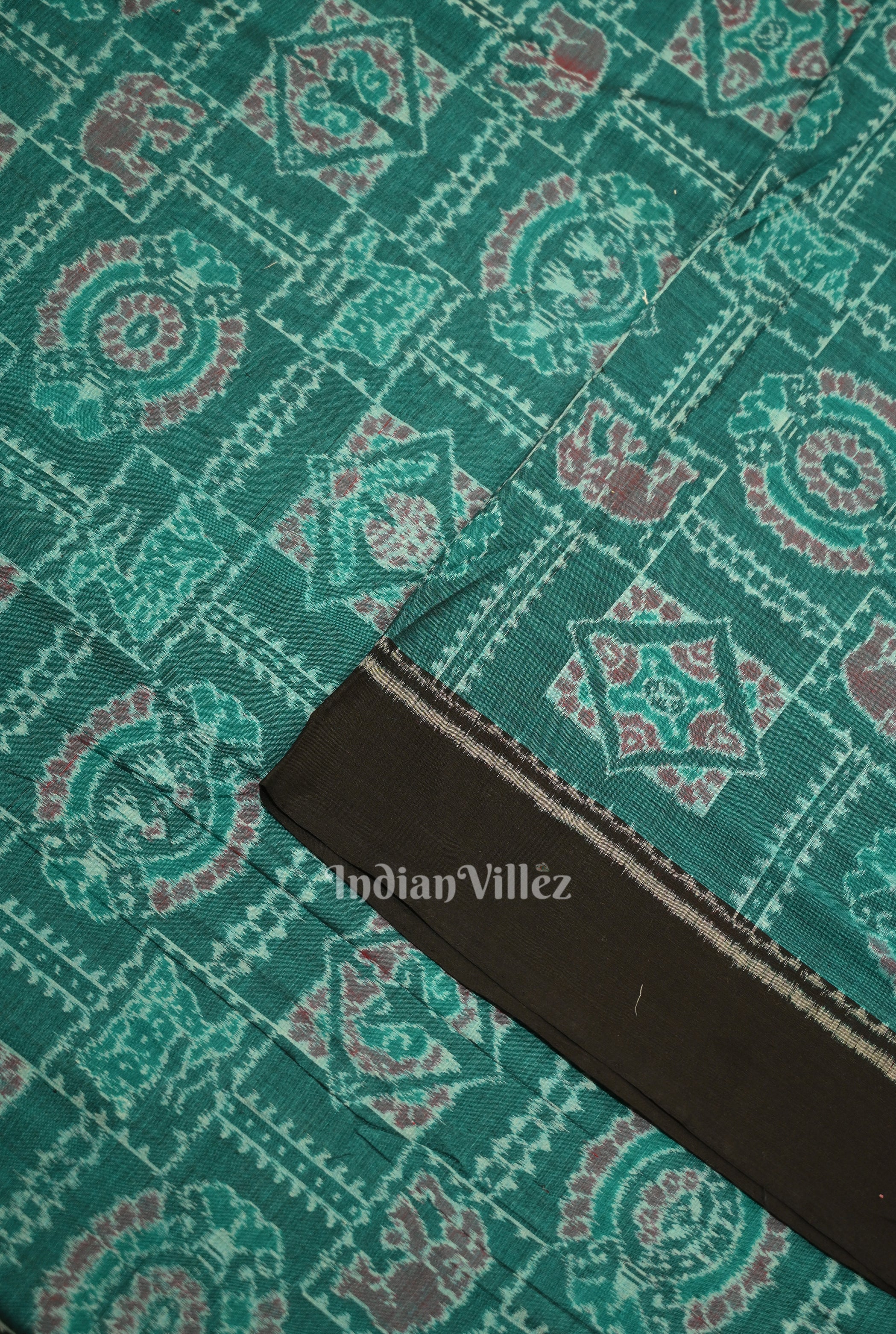 IndianVillèz Green Elephant Theme Sambalpuri Odisha Ikat Cotton Fabric - view 2