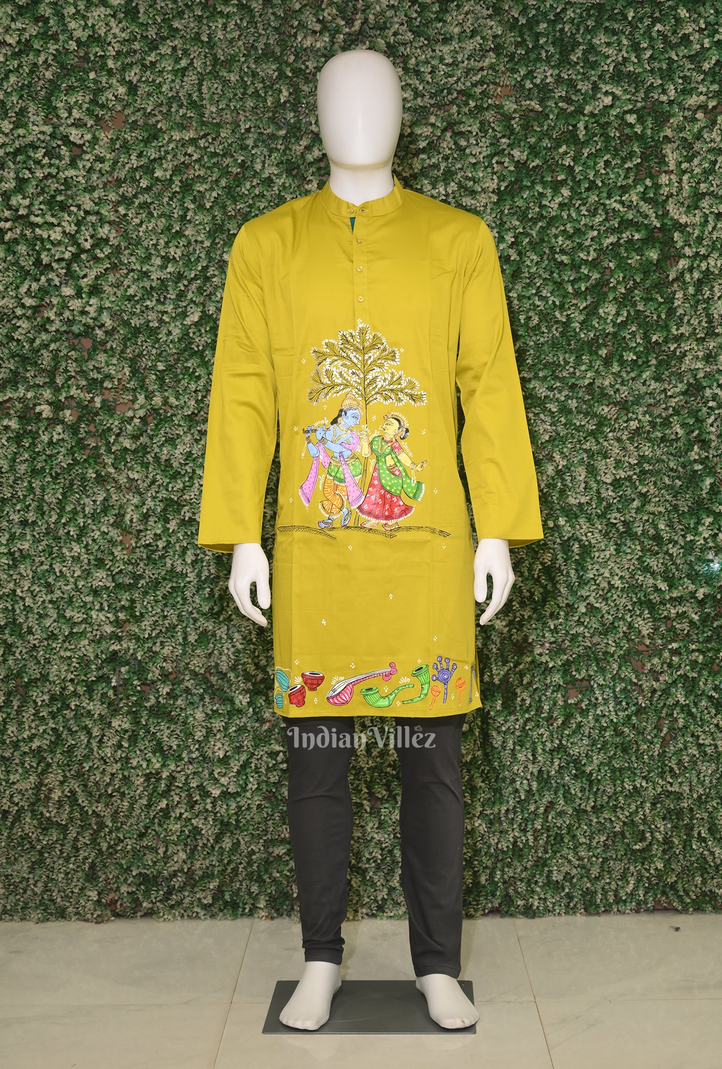 IndianVillèz Mehendi Green Radha Krishna Hand-Painted Pattachitra Kurta