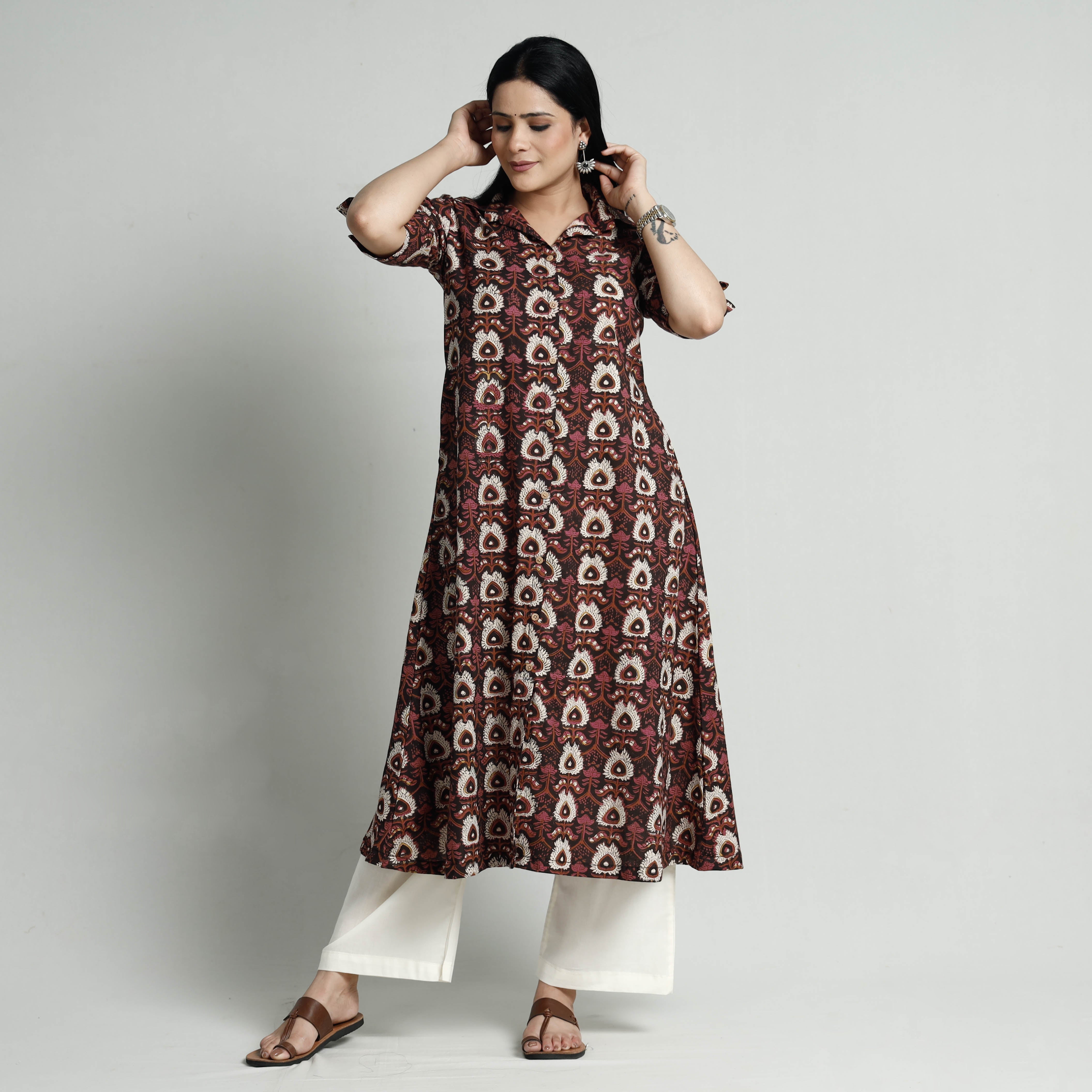 ITOKRI CASUALS Brown - Bagru Block Printed Cotton Kurta with Palazzo Set - view 4