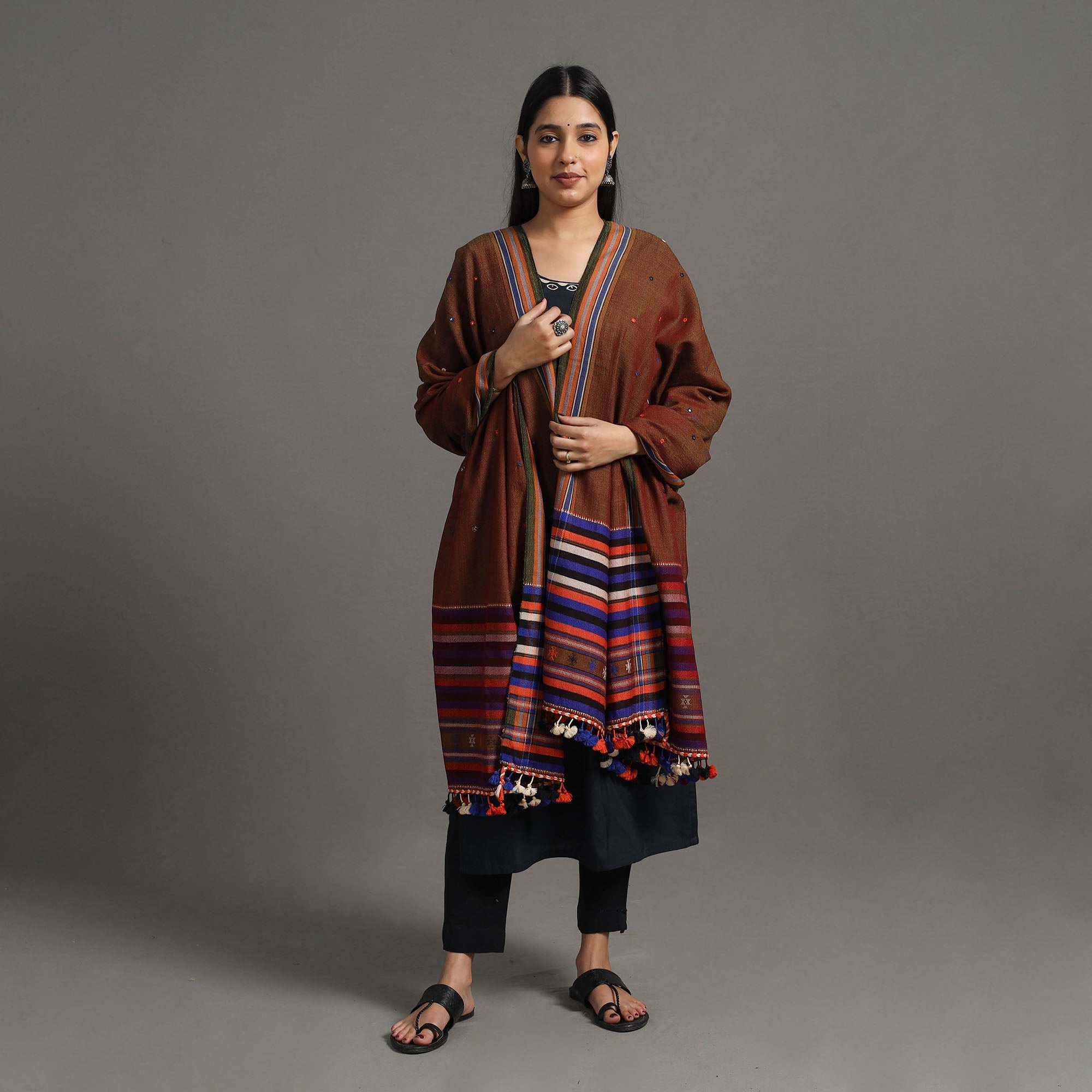 VANKAR BHIMJI KANJI Brown - Kutch Embroidery Mirror Work Handwoven Woolen Shawl 05