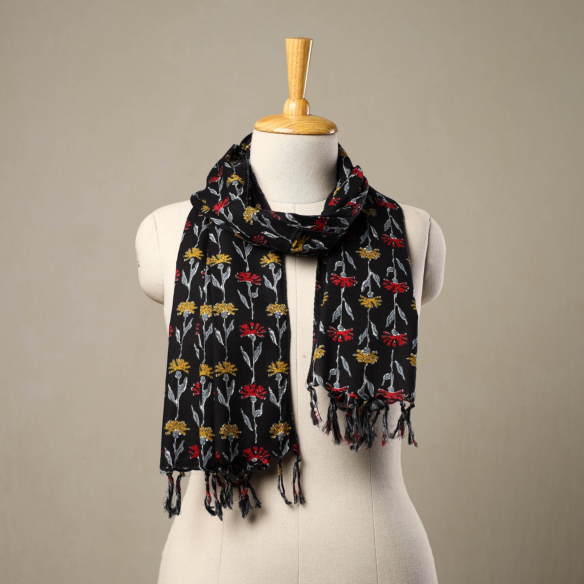 HAVELI CHRONICLES Black - Block Print Cotton Sanganeri Stole with Tassels 195