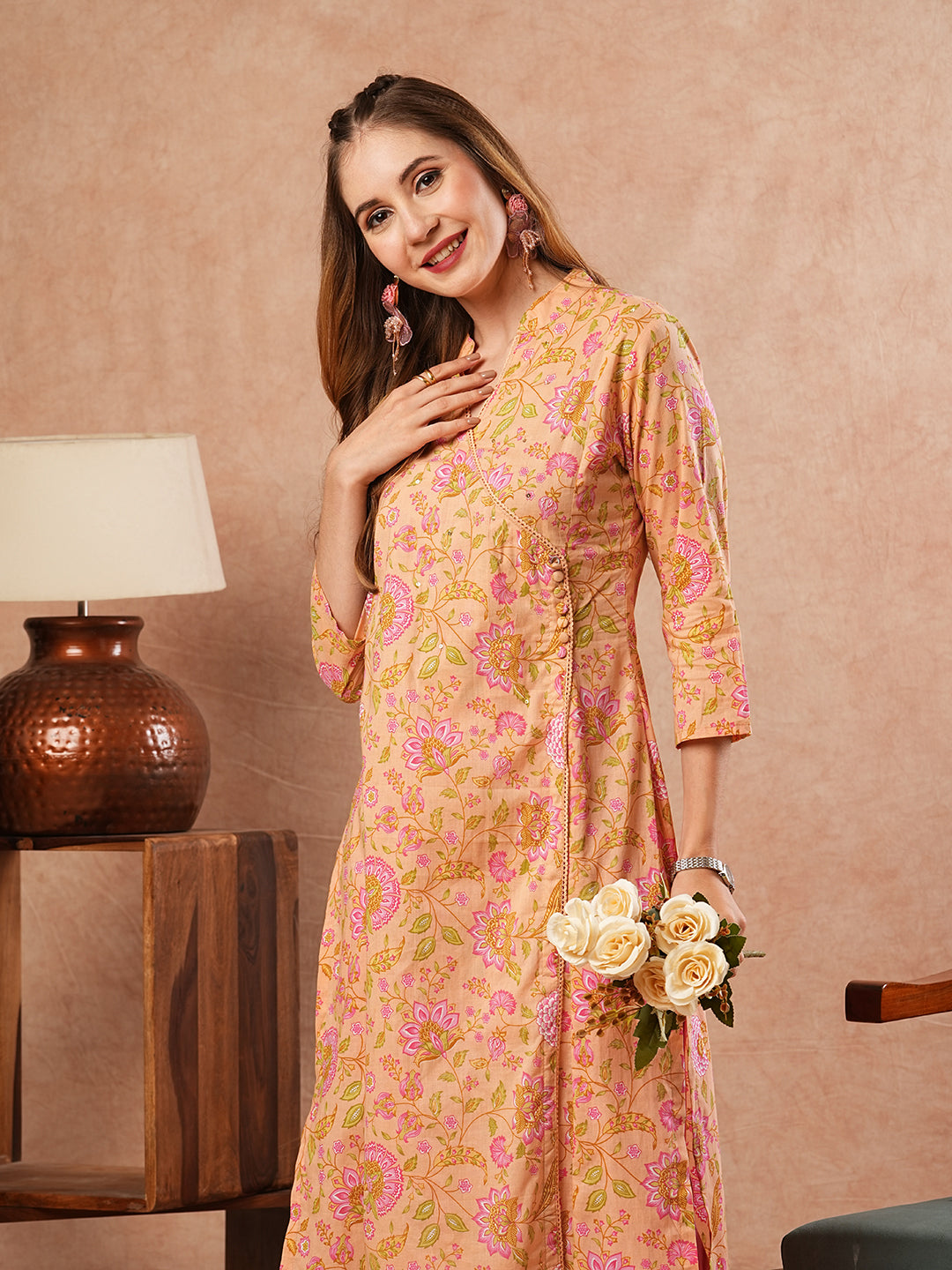 Fashor Floral Printed Sequins & Crochet Lace Embellished Angrakha Style Kurta - Peach & Multi - view 2