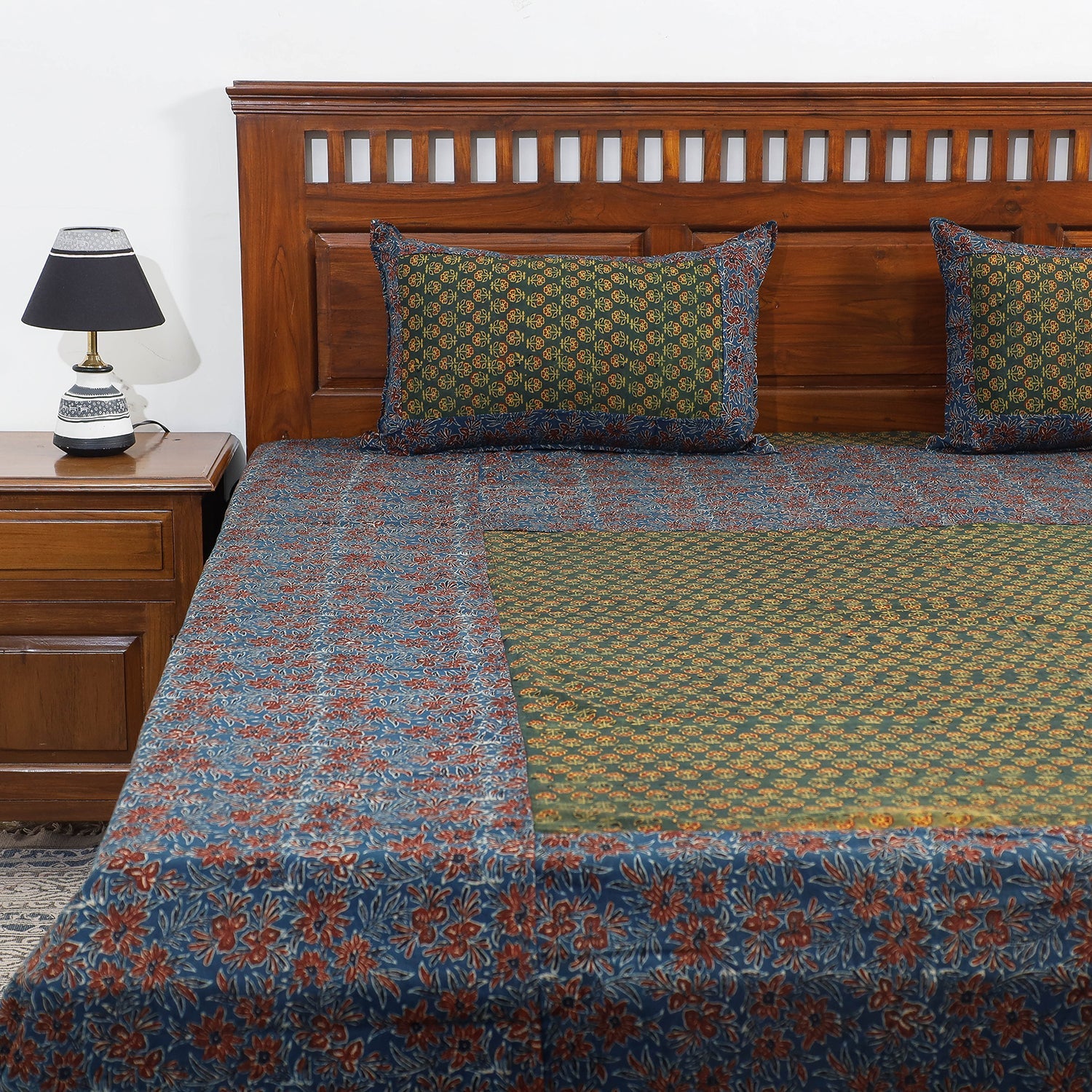 HAVELI CHRONICLES Blue - Ajrakh Patch Tukdi Kaam Cotton Double Bed Cover with Pillow Covers (109 x 86 in) - view 2