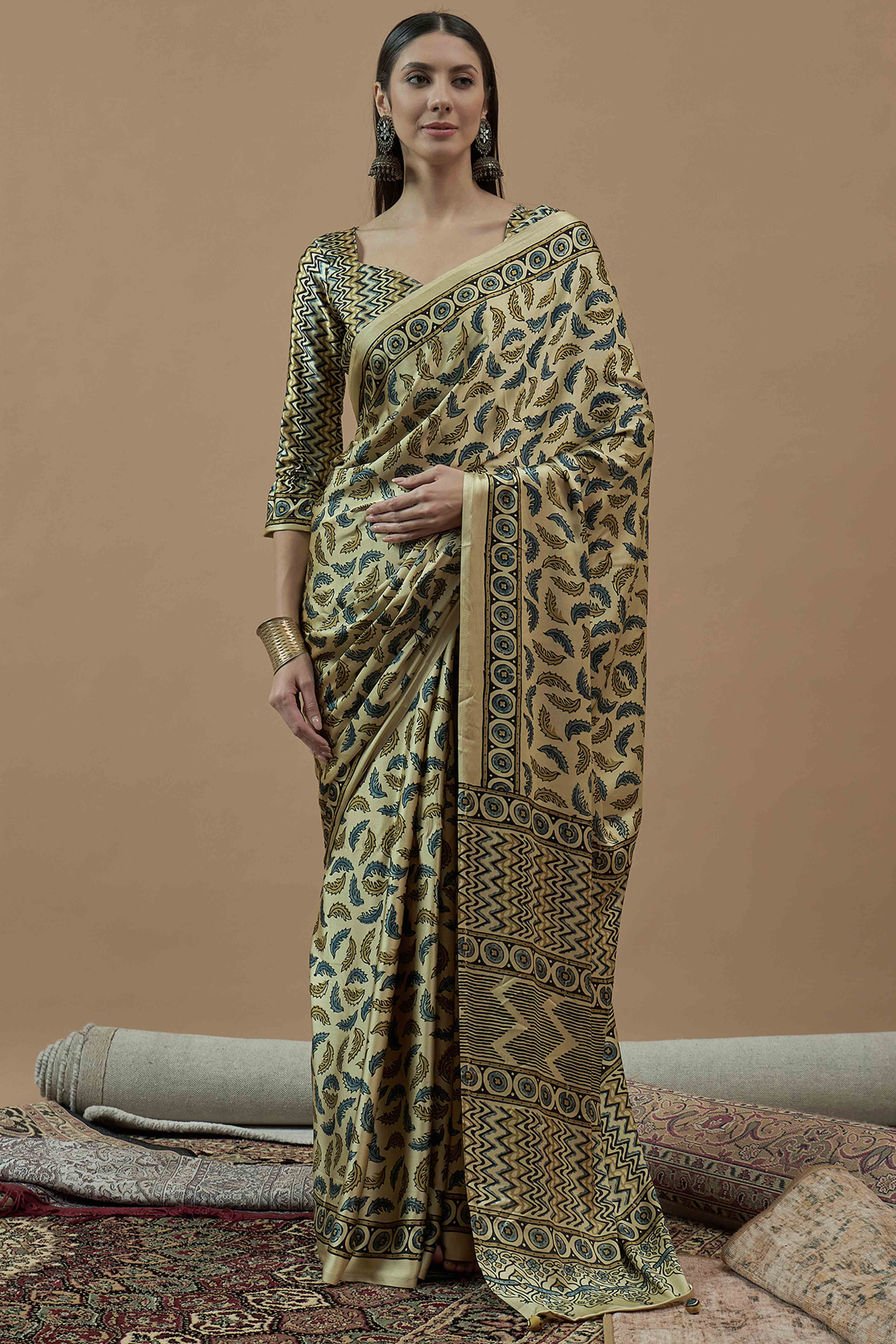 Peachmode Light Yellow Ajrakh Printed Satin Saree With Tassels