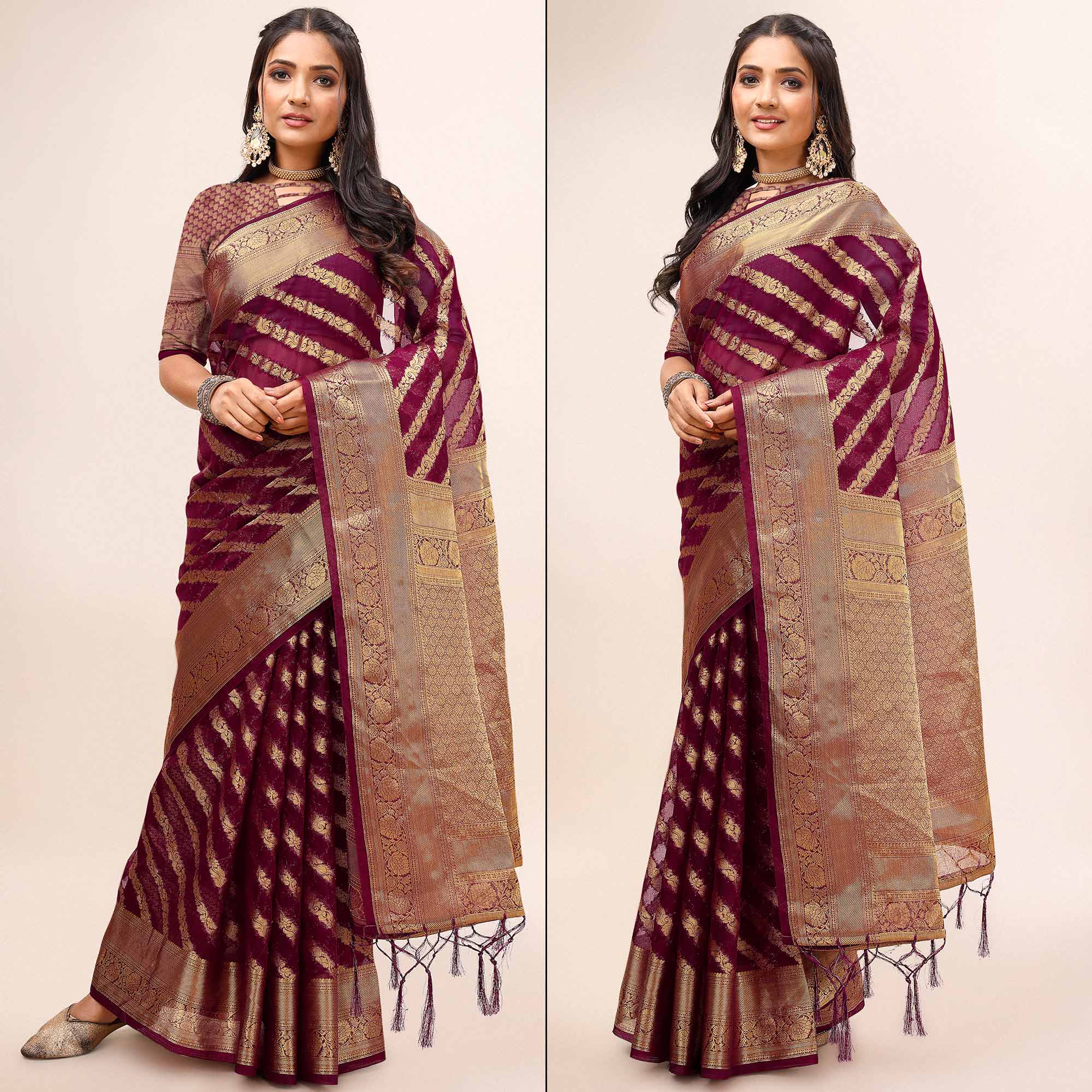 Peachmode Maroon Woven Organza Saree With Tassels