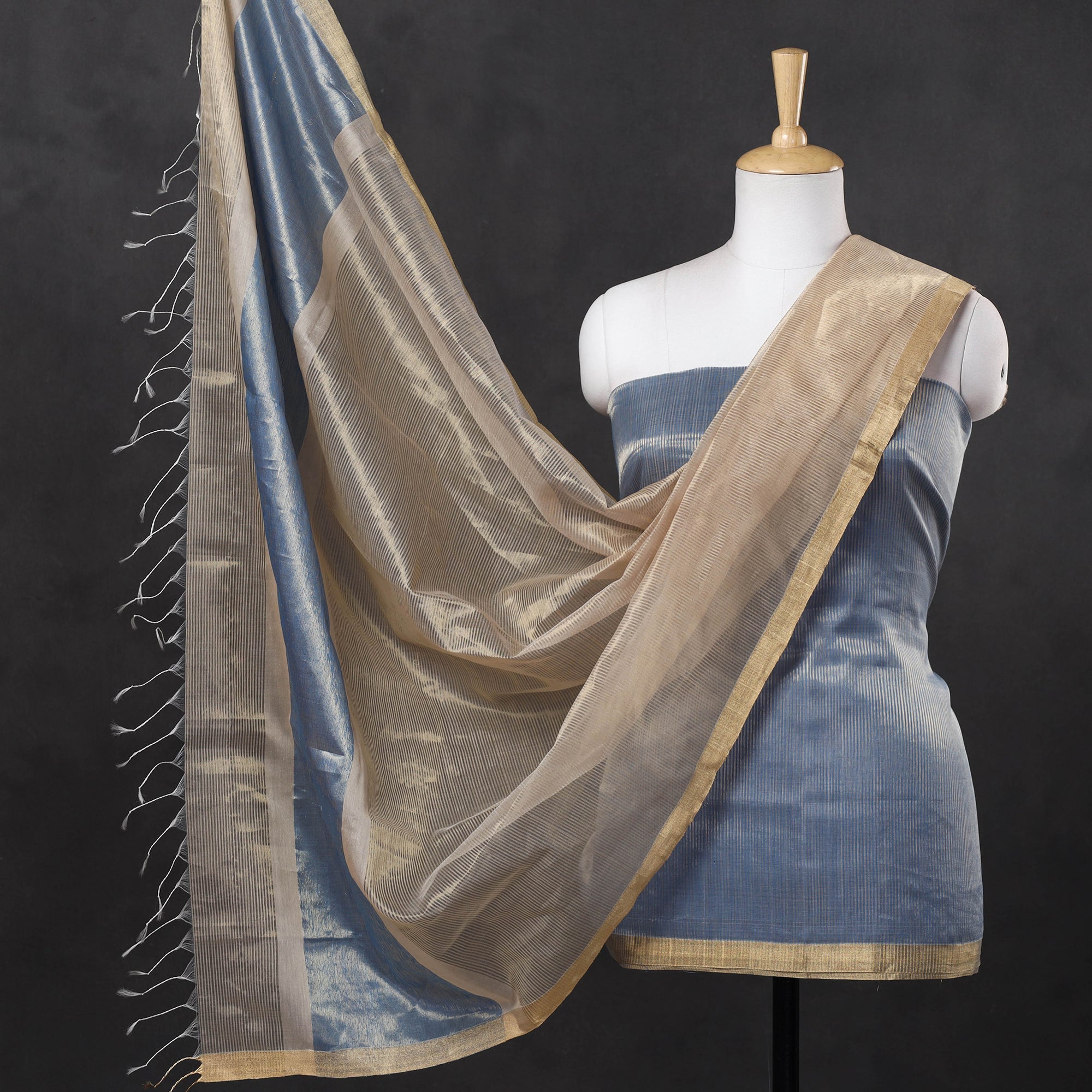 ITOKRI CRAFTS INITIATIVE Blue - 2pc Maheshwari Silk Handloom Tissue Zari Stripes Suit Material Set
