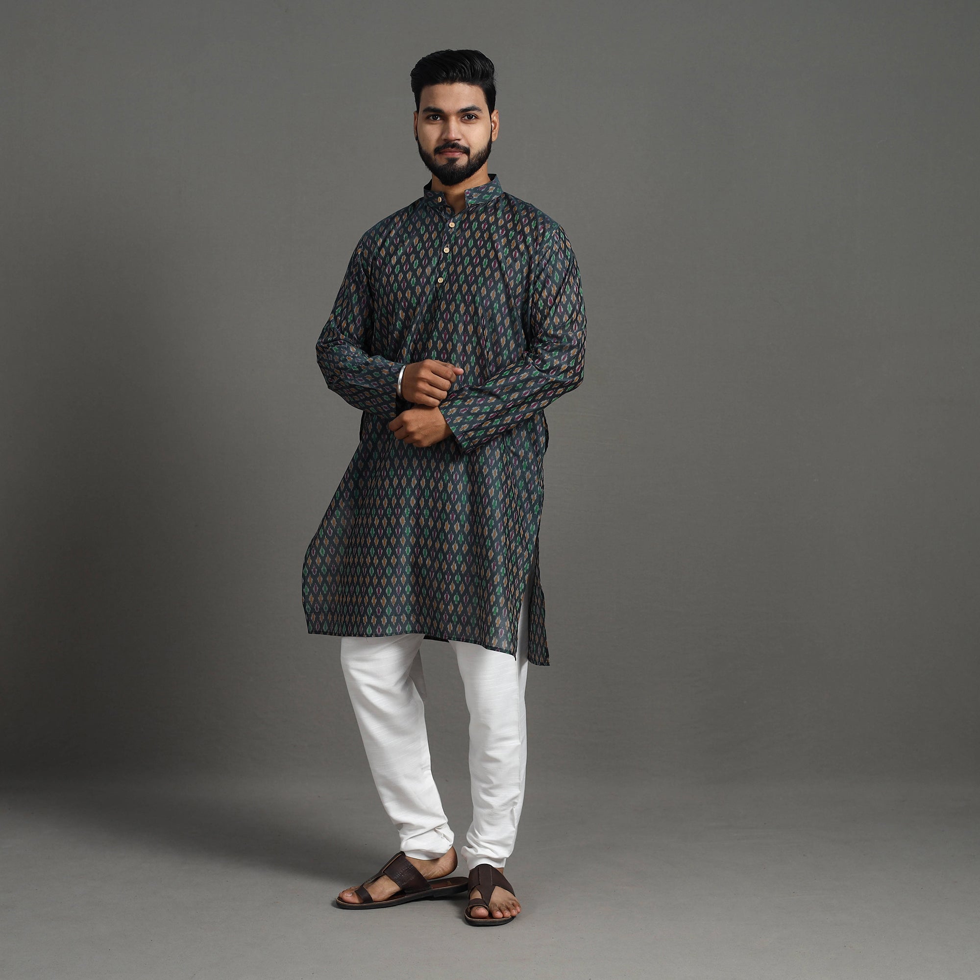ITOKRI CASUALS Black - Silk Cotton Handwoven Pochampally Ikat Kurta for Men 07