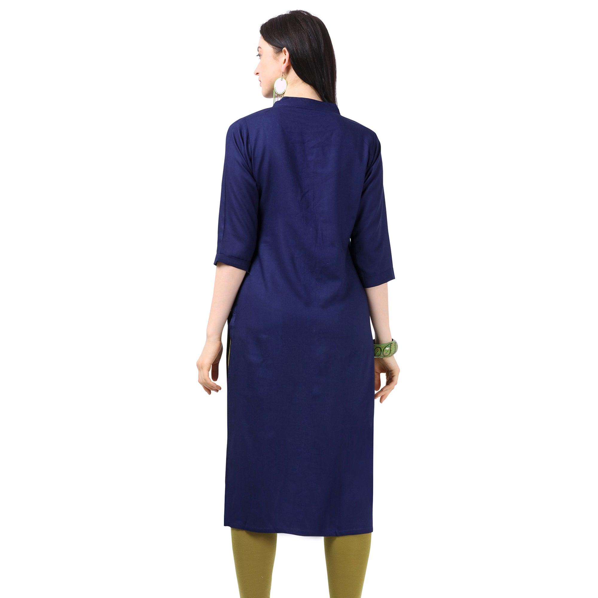 Peachmode Seller Engrossing Navy Blue Colored Partywear Embroidered Rayon Kurti - view 2