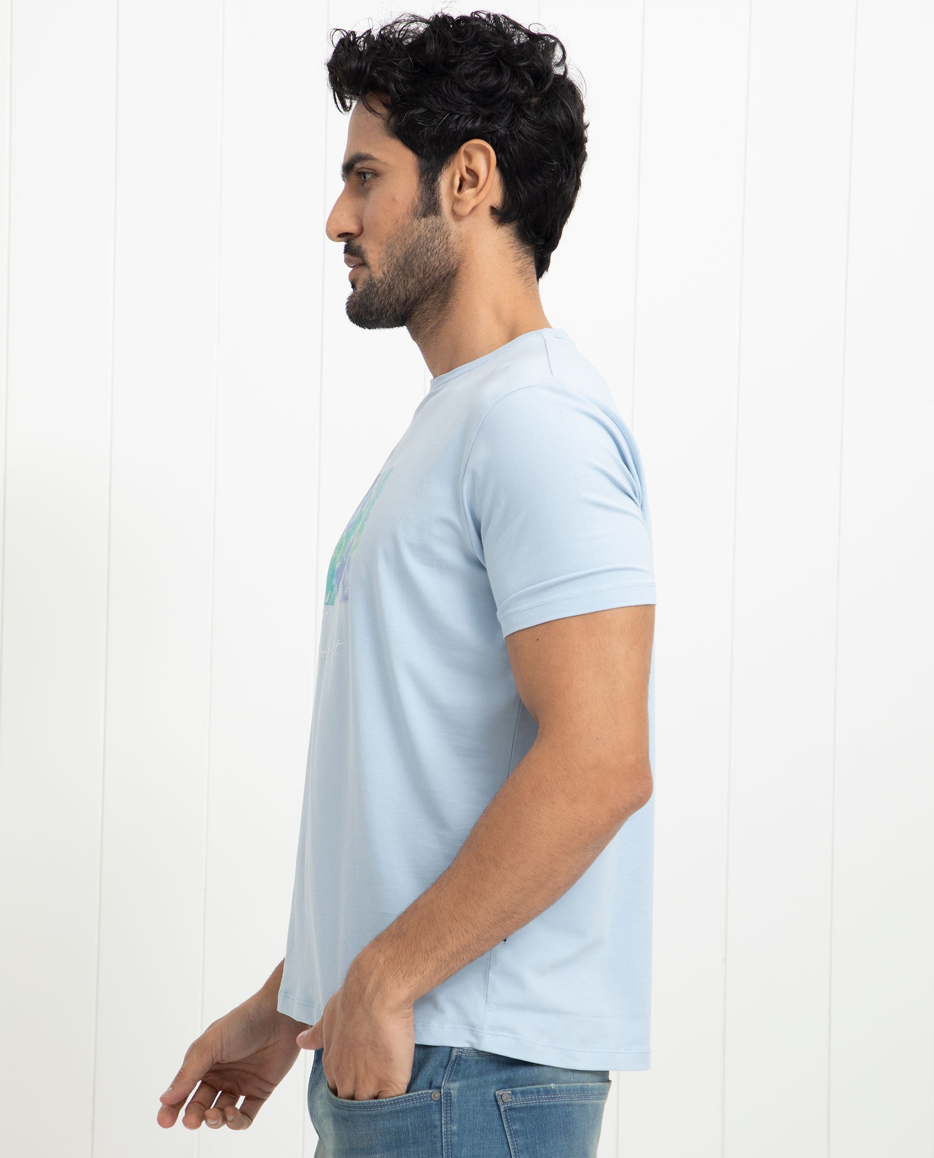 Rare Rabbit Men's Reed Blue Crew Neck Abstract Print With Branding Half Sleeves Slim Fit T-Shirt - view 7