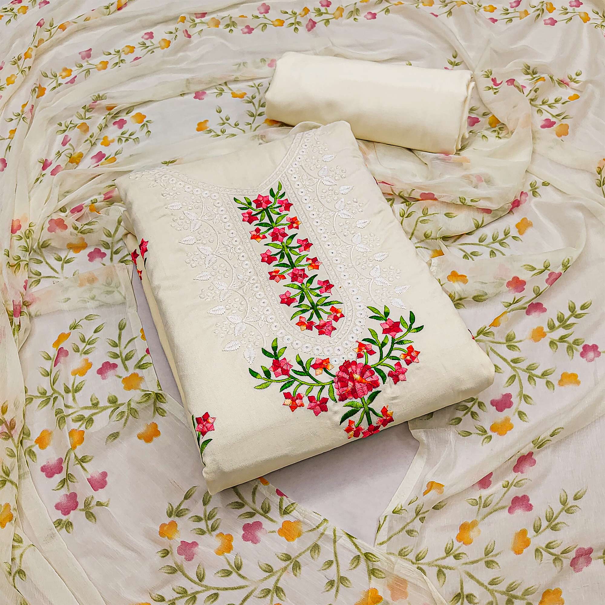 Peachmode Cream Floral Embroidered Pure Cotton Dress Material