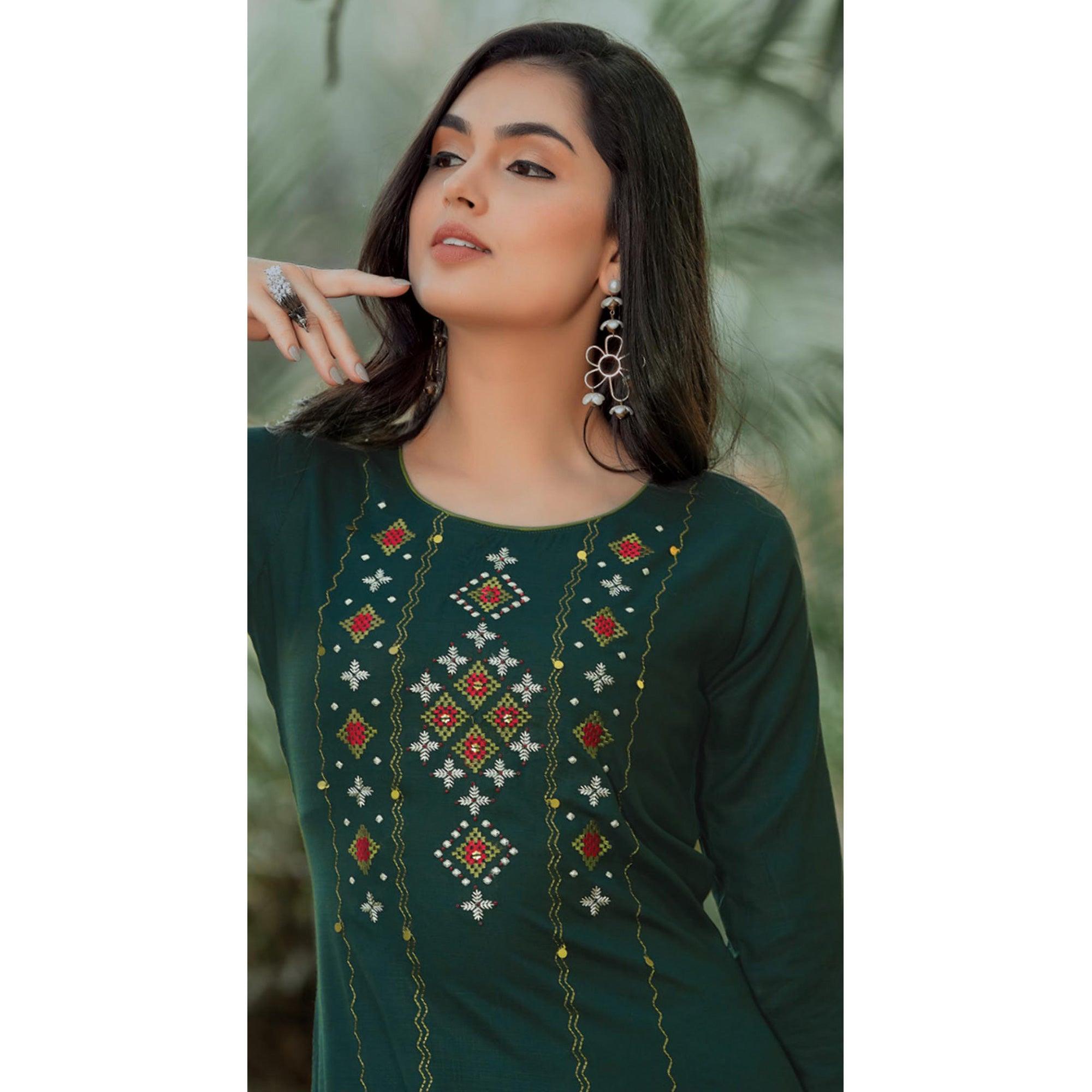 Peachmode Seller Bottle Green Embroidered Pure Cotton Kurti - view 4