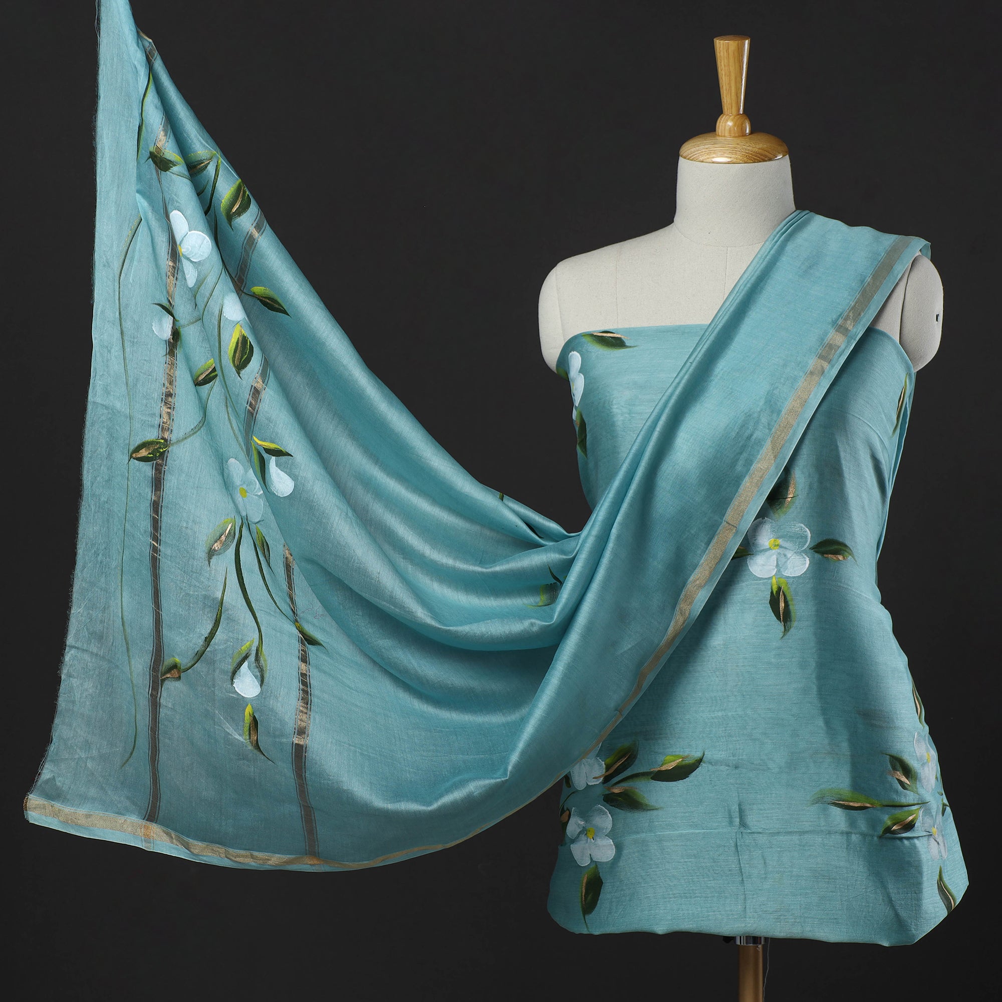 KUSUMLATA Blue - 3pc Hand Painted Chanderi Silk Suit Material Set 04